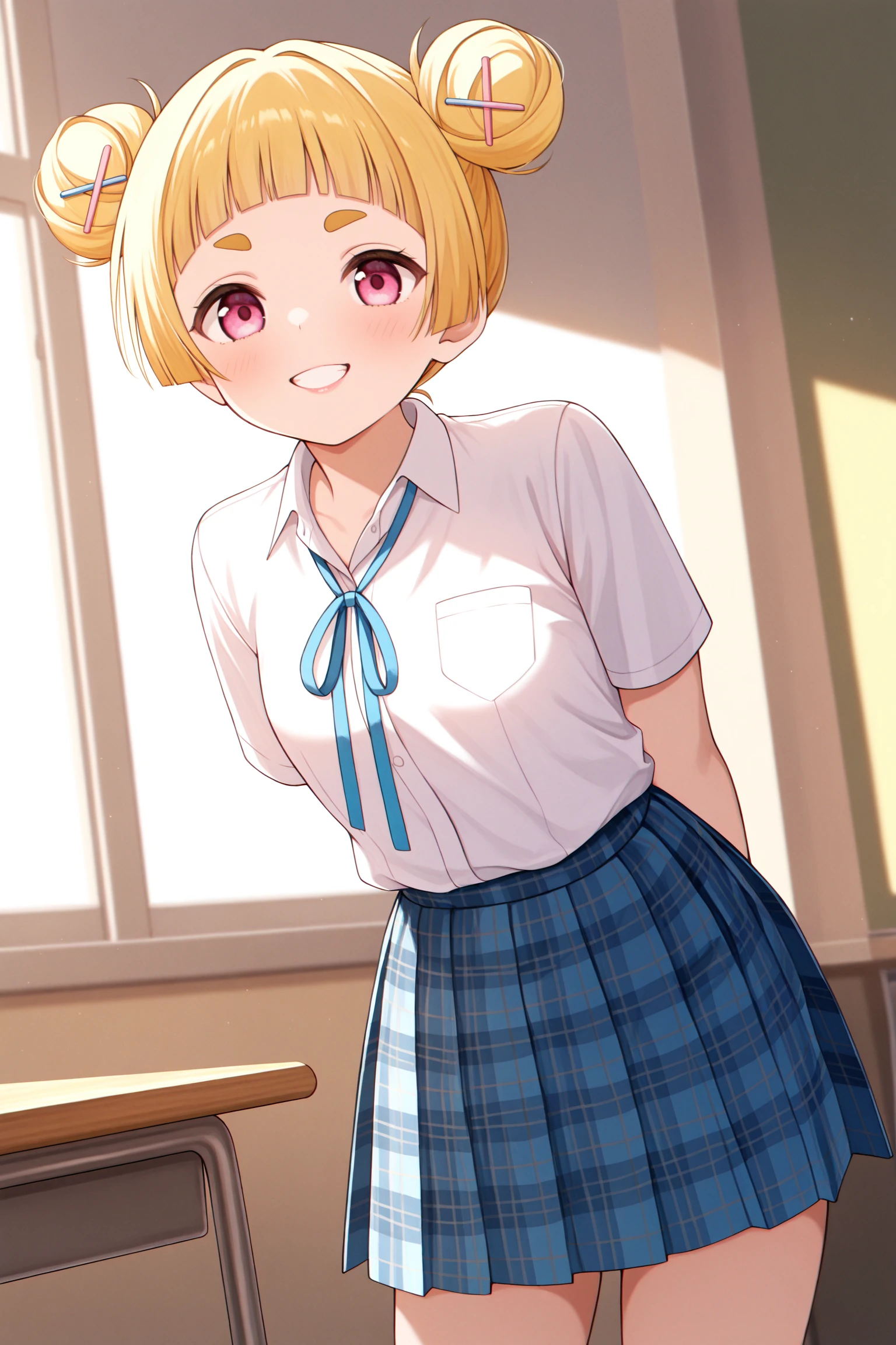 masterpiece, best quality, very aesthetic, yomogidasumire, solo, indoors, classroom, blonde hair, double bun, sticks hair ornament, blunt bangs, short hair, thick eyebrows, pink eyes, small breasts, neck ribbon, blue ribbon, collared shirt, white shirt, short sleeves, arms behind back, blue skirt, plaid skirt, school uniform, smile, grin, pink lips, <lora:Yomogida-Sumire:0.7>