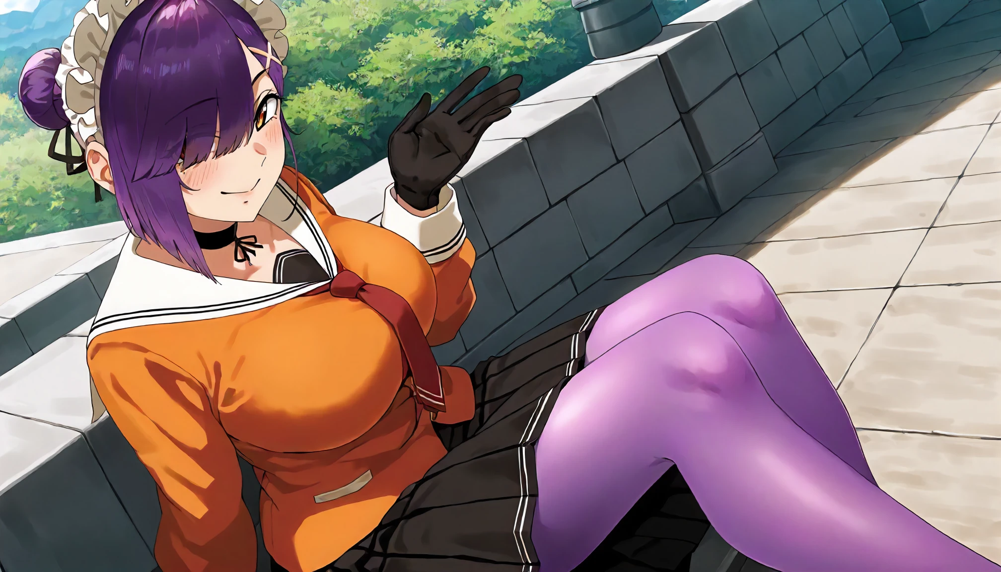 <lora:VE_kunisaki_sachiXLIllustrious001>,
masterpiece,best quality,good quality,newest,
outdoors,
smile,
looking at viewer,
solo,
anime coloring,
kunisaki_sachi\(virgin_eaters\),1girl,purple hair,single hair bun,maid headdress,hair over one eye,x hair ornament,brown eyes,
large breasts,
choker,
white sailor collar,orange jacket,red necktie,long_sleeves,
black skirt,pleated_skirt,long_skirt,
black gloves,
purple pantyhose,
sitting,