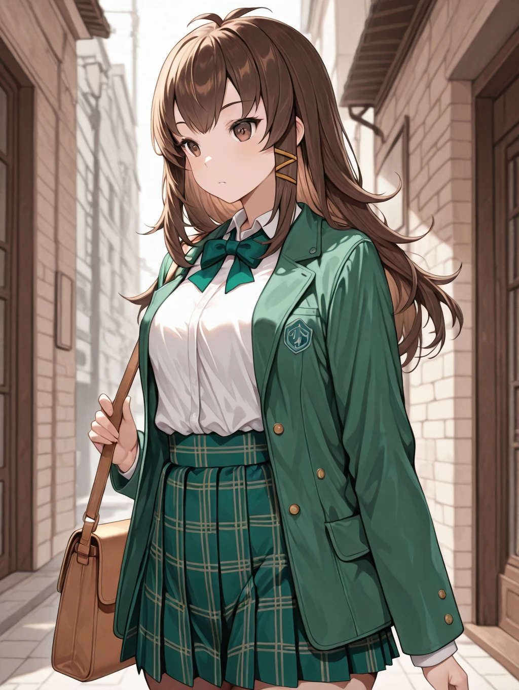 <lora:sw_yomi_IXL:1> 1girl,sw-yomi,brown hair,brown eyes,hair tubes, green jacket,white shirt,green bowtie,shirt tucked in,green skirt,plaid skirt, pleated skirt, shoulder bag
, best quality, masterpiece,