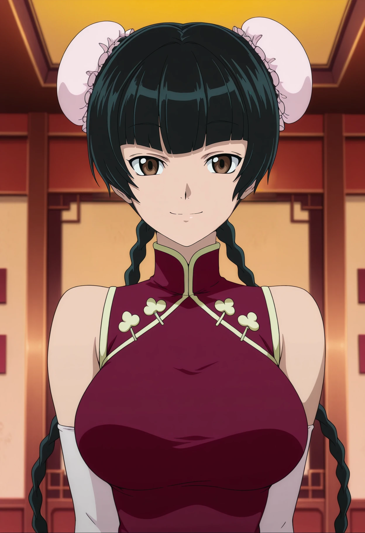 1girl,solo,mm,mature female,black hair,long hair,brown eyes,large breasts,anime coloring,
twin braids,double bun,bun cover,china dress,elbow gloves,looking at viewer, upper body, smile,indoors
,masterpiece,best quality,amazing quality,<lora:Wang_Liu_Mei-Gundam_00_Season1_r2:0.8>