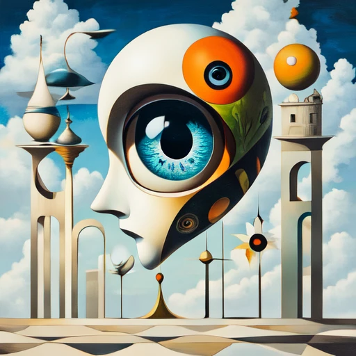 <lora:Dreamlike_surrealist_paintingSD1:1> ArsMJStyle, Dreamlike surrealist painting, The image is a digital art piece that appears to be a surreal landscape with a large white face in the center. The face is surrounded by a variety of colorful and abstract shapes and patterns. The background is a light blue sky with white clouds. On the left side of the face there are several tall towers with intricate designs and patterns including a globe a bird and a birdhouse. On the right side there is a large circular object with a red and orange eye in the middle. The object is connected to a series of smaller circles and lines creating a sense of depth and dimension. The overall color palette of the image is predominantly white with a mix of blues greens yellows and oranges. - The overall effect is one of dreamlike and surrealism with the colors blending together to create a dreamlike quality., cloud, surreal, blue eyes, sky, no humans, abstract, eye focus, solo