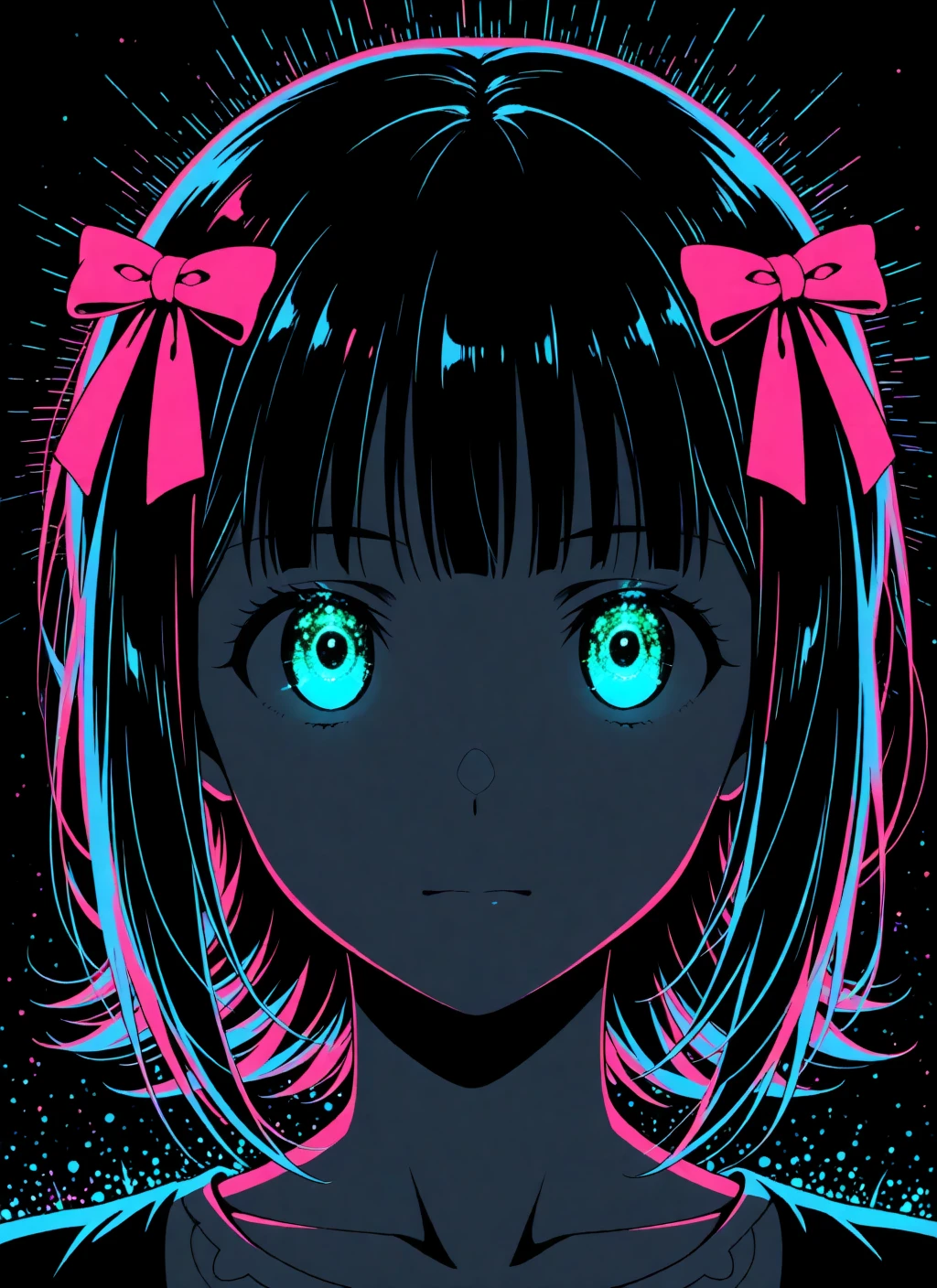 amami haruka,limited palette,black background,colorful,vibrant,glowing outline,neon,blacklight,looking at viewer,portrait,masterpiece, very aesthetic