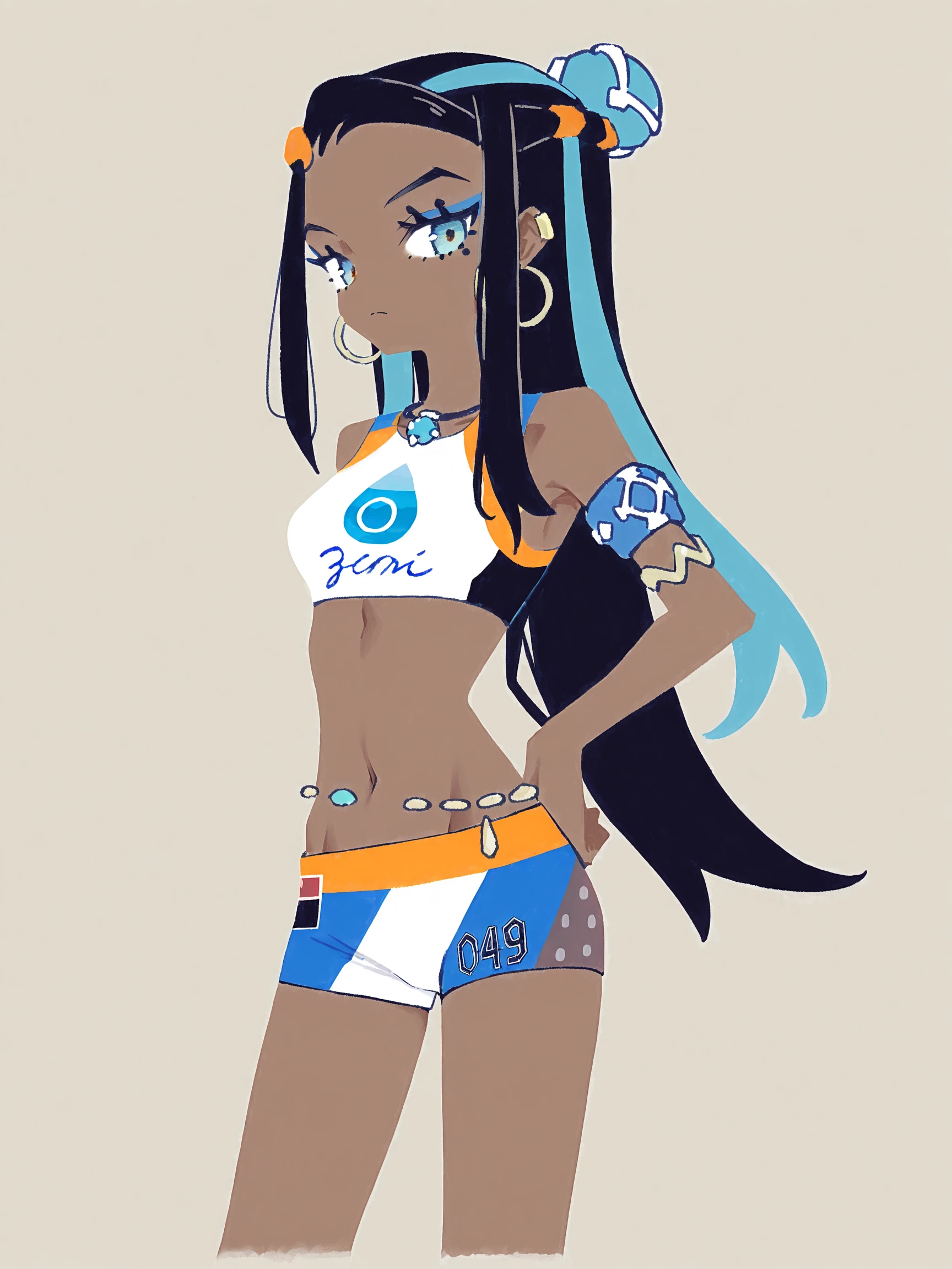 masterpiece, best quality, 1girl, nessa, black hair, blue hair, long hair, multicolored hair, blue eyes, blue hair,dark skin, single hair bun, armlet, belly chain, bikini, crop top, shorts, full body, single glove, hand on hip, hoop earrings, necklace, looking at viewer, midriff, navel, sandals, solo, standing, style parody, white background <lora:Nessa:1>
