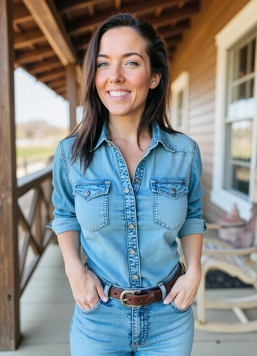 SFW, brightly lit, aidmaimageupgrader, A confident woman posing for a picture on the porch of a ranch, dressed in a stylish yet modest denim outfit. She wears a well-fitted denim button-up shirt with sleeves rolled to her elbows, paired with classic high-waisted denim jeans that complement her figure while maintaining a professional and polished look. A brown leather belt adds a touch of Western charm, and her outfit is completed with sturdy yet stylish cowboy boots.  Her hair flows naturally in soft waves, or is neatly tied back in a low ponytail, giving her a relaxed yet put-together appearance. The setting captures the warmth of the ranch atmosphere, with wooden beams, a rustic rocking chair, and an open landscape in the background. She stands with confidence, gazing into the distance or offering a soft, approachable smile, embodying both strength and elegance in a timeless country-inspired style<lora:pony\Letha_Weapons_Pony_-_Adult_Actress_and_Model.safetensors:1.0:1.0> <lora:flux\custom\personal\jerz-jess.safetensors:1.05:1.05> <lora:turbo-8-step-flux.safetensors:0.5:0.5> <lora:flux\style\Common\aidmaImageUprader-FLUX-v0.3.safetensors:0.5:0.5>