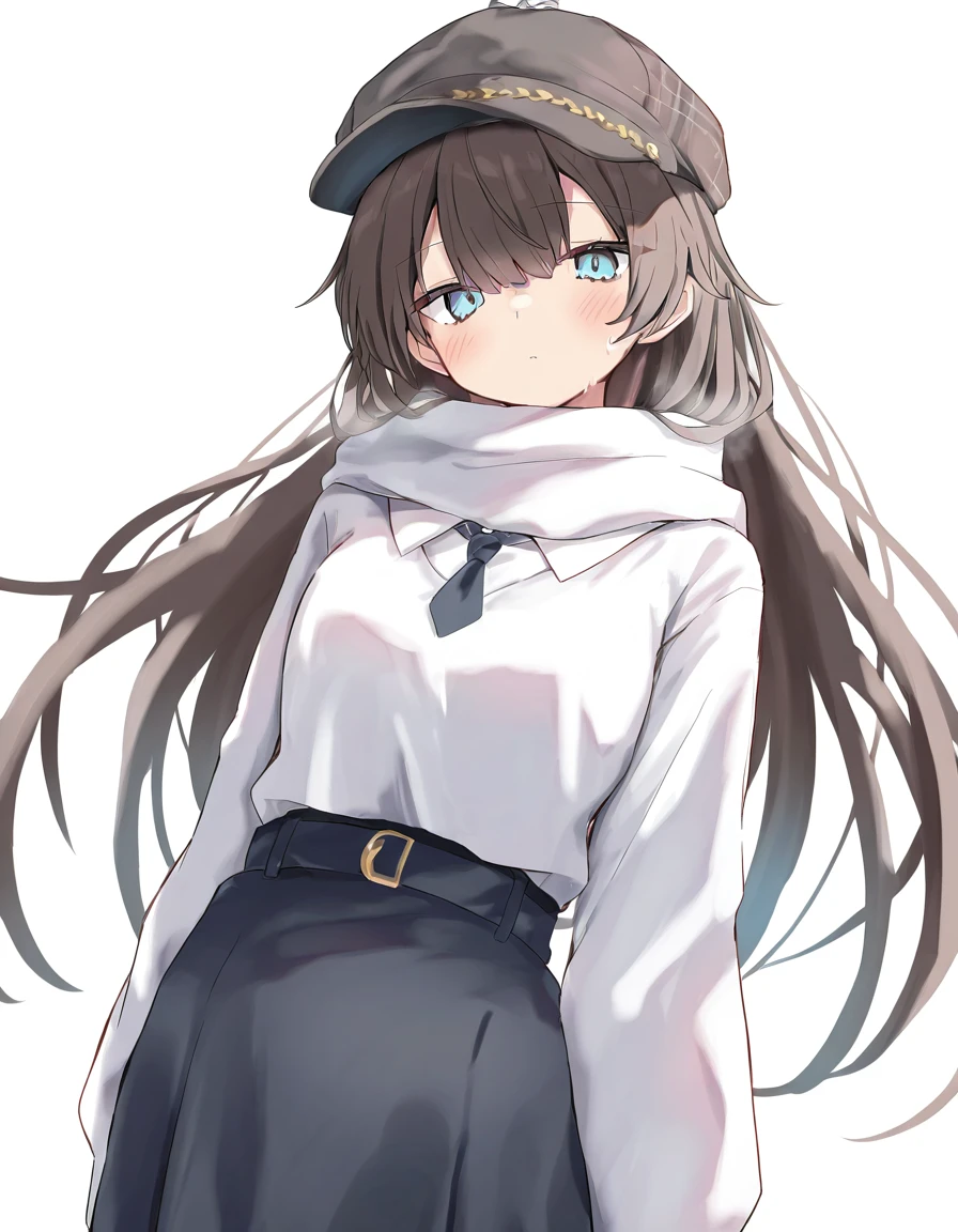 1girl,solo,looking at viewer,simple background,white background,cowboy shot,white shirt,marcus,<lora:marcus-000008:1>,alternate costume,hat,, masterpiece, best quality, very aesthetic, absurdres,newest, incredibly absurdres,, toshizou \(0714\)