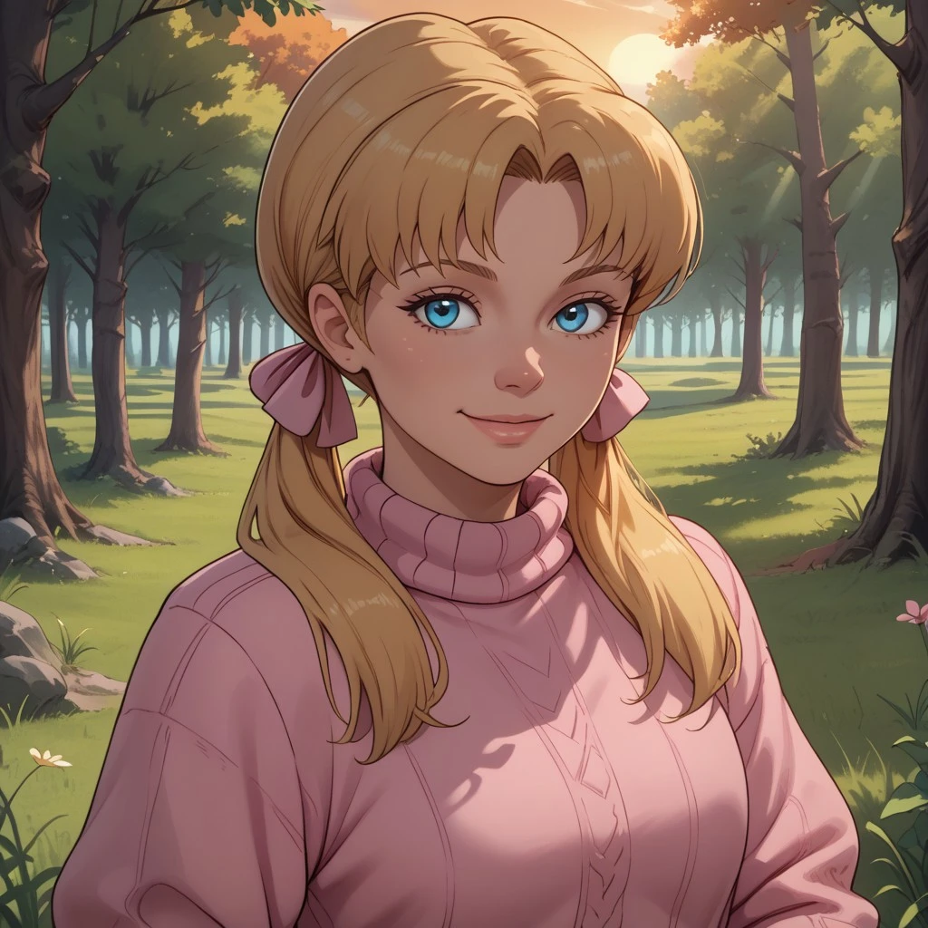 score_9, score_8, BREAK, solo, Kim Cherrywood, 1girl, blue eyes, blonde pigtails, pink sweater, pink bows, jeans, sexy pose, self portrait, smile, outdoors, sunlight, shadows, evening lighting, natural lighting, forest, trees, grass, orange sky, sunset
