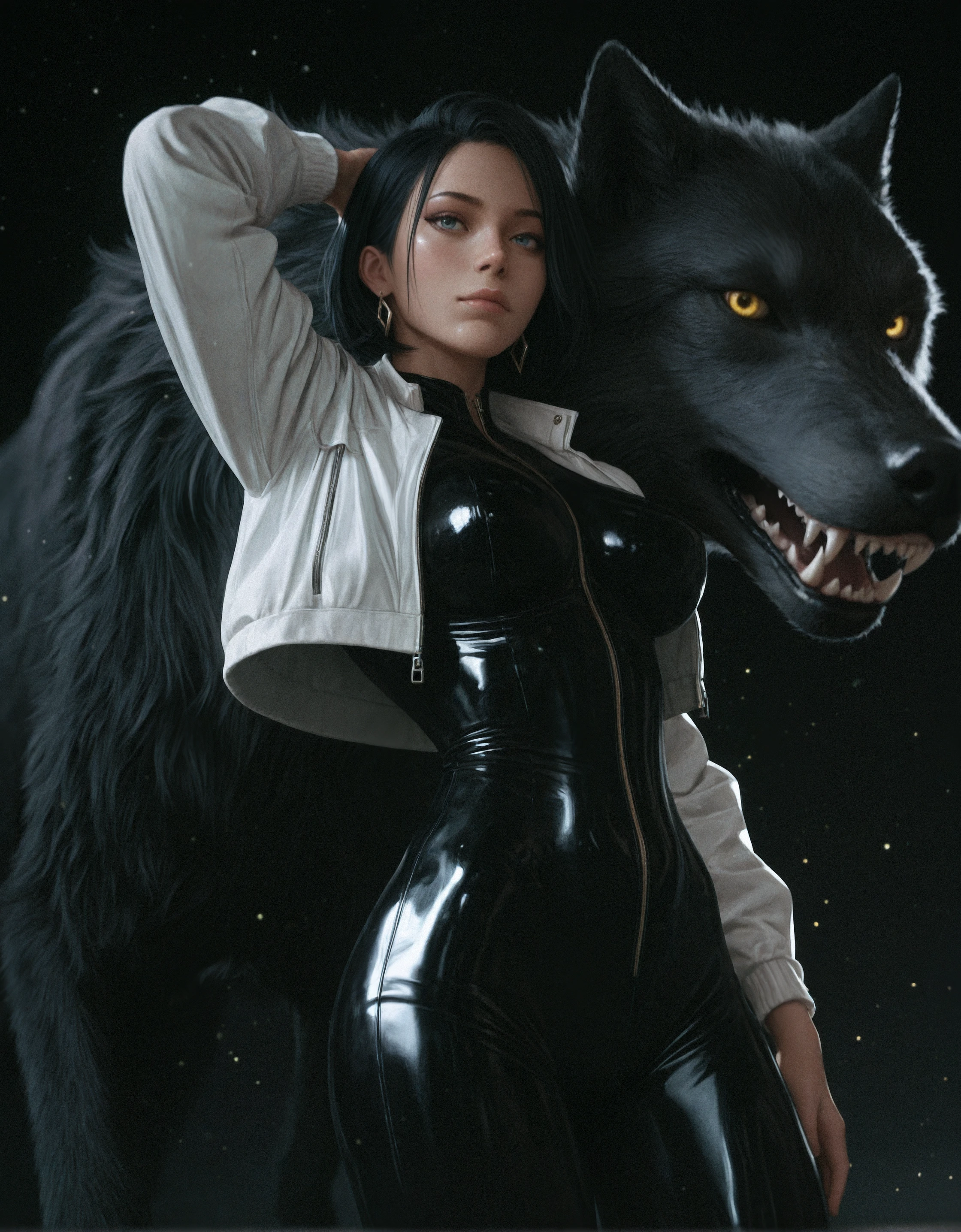 8K,40-year-old middle-aged woman,Female dog girl wearing black clothes, 黒と白のモヒカンヘアの髪を持つenticingな女の子, Fantasyart, 40 year old woman with mature dog, wojtek fus, 黒と茶色のA sexyな衣装を着ている, Chiquita, Trending on CGSTATION,in woods,Rugged look,black and shorts,enticing,超A high resolution,real looking skin,combat scene,action scene,actionpose,emit an aura from the body(Dragon Ball style)irate,emit,A sexy,View here,long dog nails,Dog personification,dog ears,