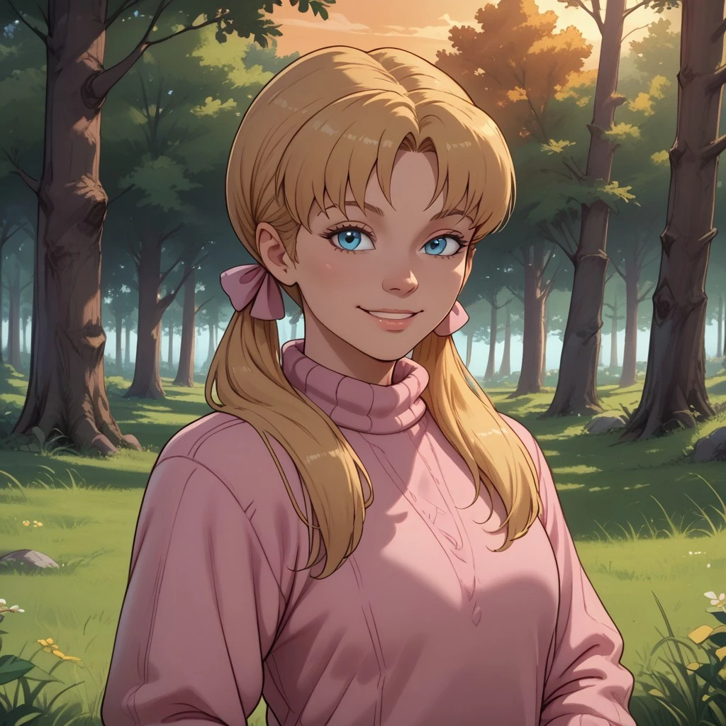 score_9, score_8, BREAK, solo, Kim Cherrywood, 1girl, blue eyes, blonde pigtails, pink sweater, pink bows, jeans, sexy pose, self portrait, smile, outdoors, sunlight, shadows, evening lighting, natural lighting, forest, trees, grass, orange sky, sunset