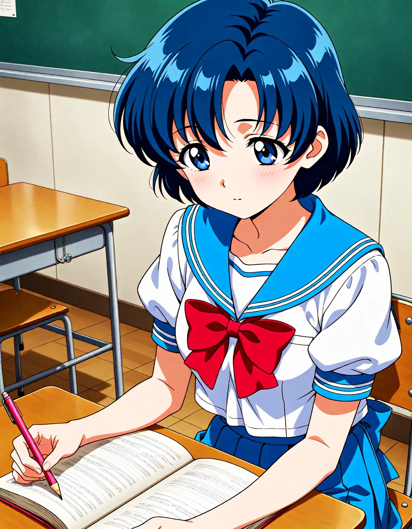 <lora:dmd2_sdxl_4step:1>,1girl,official style,masterpiece,best quality,newest,absurdres,highres,very awa,Anime,anime coloring,anime screencap,<lora:sailor_mercury_v3:1>,mizuno ami,1girl,solo,blue eyes,blue hair,short hair,medium breasts,skirt,blue skirt,blue sailor collar,school uniform,sailor collar,pleated skirt,blue back bow,serafuku,short sleeves,puffy sleeves,red bow,puffy short sleeves,classroom,chair,school_desk,sitting,open_book,pencil,