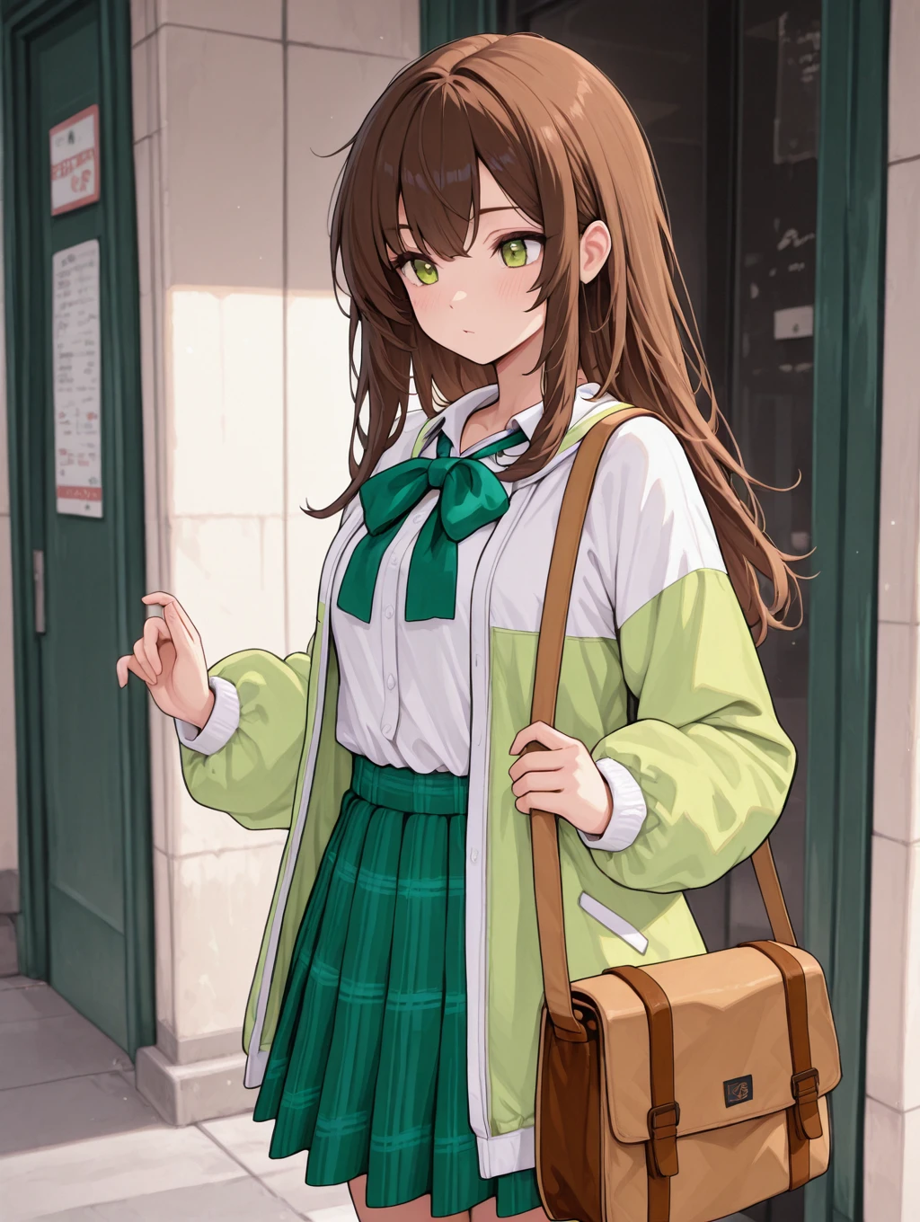 <lora:SW_YOMI_OUTFITV2_IXL:1> 1girl,omieastoutfit, two tone jacket,white shirt, pleated skirt,brown shoulder bag, green skirt, green bowtie,open jacket, plaid skirt,shirt tucked in,
, best quality, masterpiece,