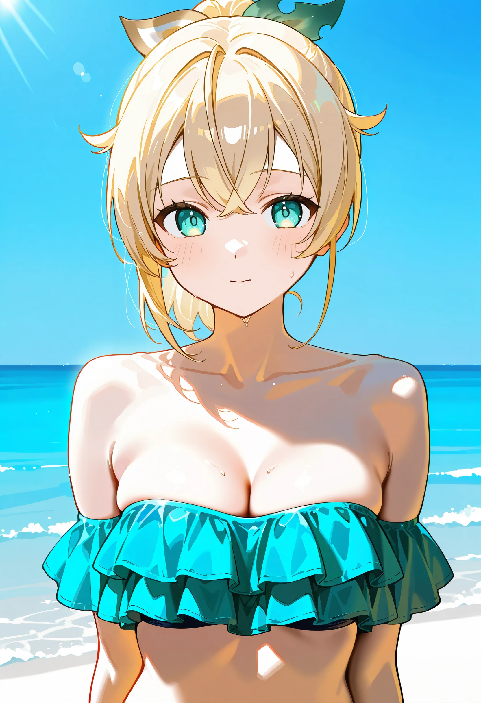 (masterpiece:1.2, best quality), 1girl, smirk, slim, slender, green eyes, sharp eyes, small_breasts, flat_chest, leaning forward, facing viewer, dress, wide-brimmed hat, strappy sandals, oversized sunglasses, simple hoop earrings, shell necklace, areola slip, down blouse, embarrassed, very short blonde hair, ^ ^, nature, yoga studios, serene spaces,