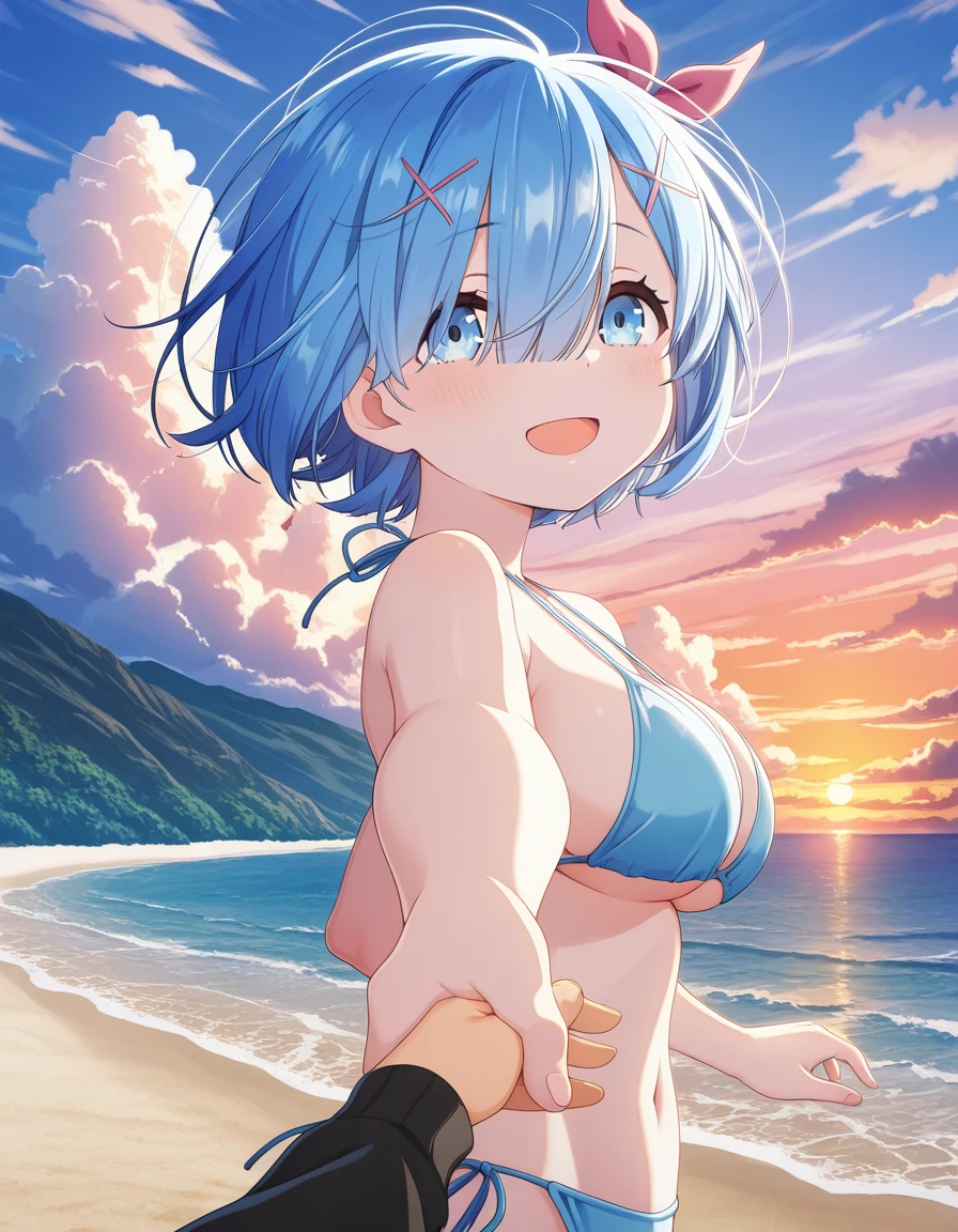 masterpiece, best quality, amazing quality,, <lora:rezero-rem-s1-ponyxl-lora-nochekaiser:1>, rem, blue eyes, blue hair, hair ornament, hair over one eye, hair ribbon, short hair, x hair ornament, large breasts, anime screencap, <lora:pulling-pov-illustriousxl-lora-nochekaiser:1>, pulling pov, looking at viewer, smile, open mouth, outdoors, sky, solo focus, day, cloud, holding hands, pov, pov hands, from behind, beach, sunset, bikini, navel, string bikini, cleavage, underboob, sideboob, ,