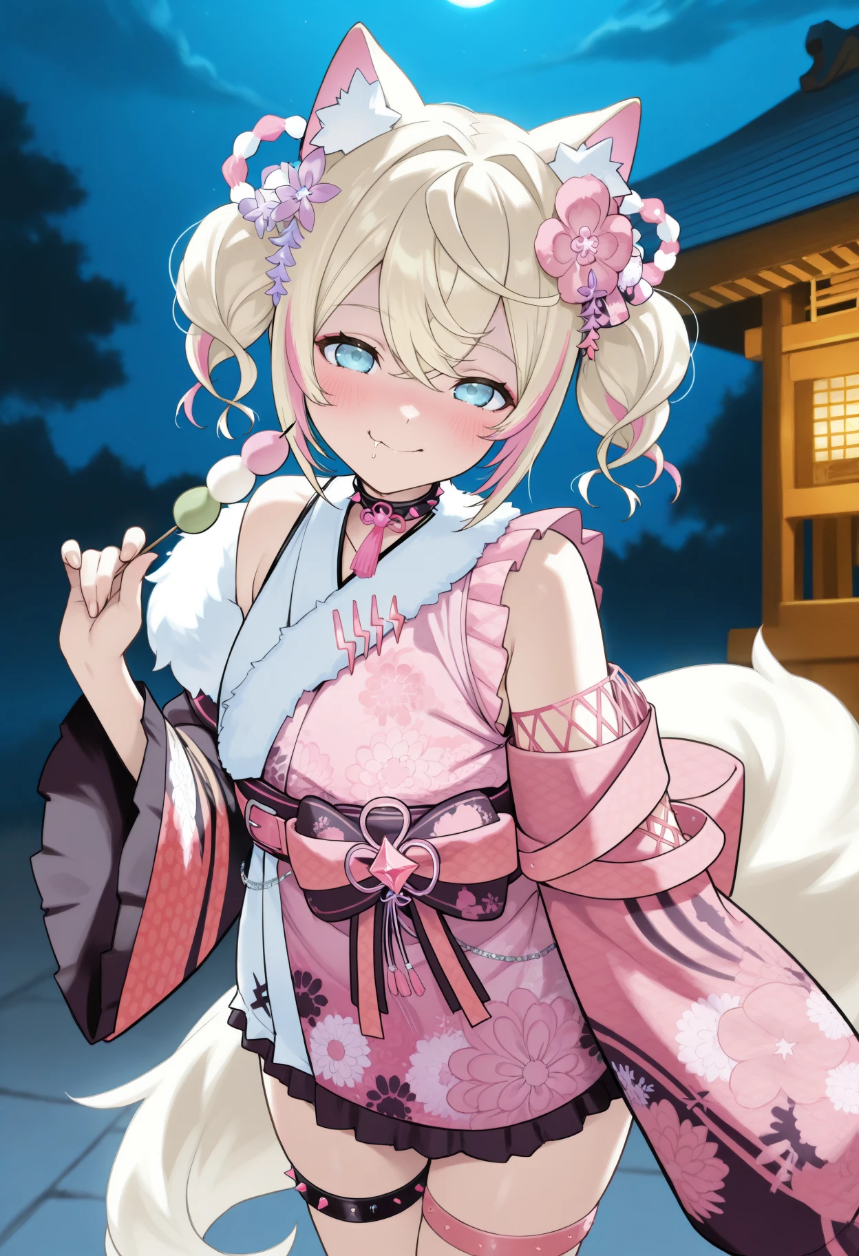 masterpiece, best quality, 1girl, solo, MoccNwYrs, blue eyes, short hair, blonde hair, pink streaks, streaked hair, dog ears, wavy hair, twintails, hair flower, hair ornament, kouhaku nawa hair bow, spiked choker, neck tassel, pink kimono, short kimono, fur-trimmed kimono, floral print, uneven sleeves, cross-laced sleeve, single bare shoulder, pink obi, thigh straps, tail, outdoors, shrine, holding dango, chewing, smile, blush, drooling, looking at viewer, night, moonlight, <lora:ChamMococoAbyssgardIllustriousXL:1>