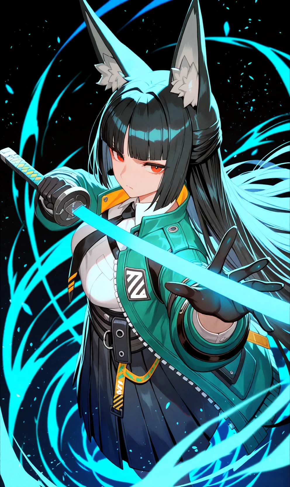 solo, 1girl, hoshimi miyabi, zenless zone zero,
masterpiece, best quality, good quality,
lack, from above, from side,
foreshortening, animal ear fluff, black gloves, black hair, black necktie, black skirt, blunt bangs, closed mouth, fox ears, fox girl, green jacket, high-waist skirt, holding sword, glowing katana, energy, long hair, red eyes, serious, sidelocks, white shirt,
blue theme, black background, depth of field, cinematic