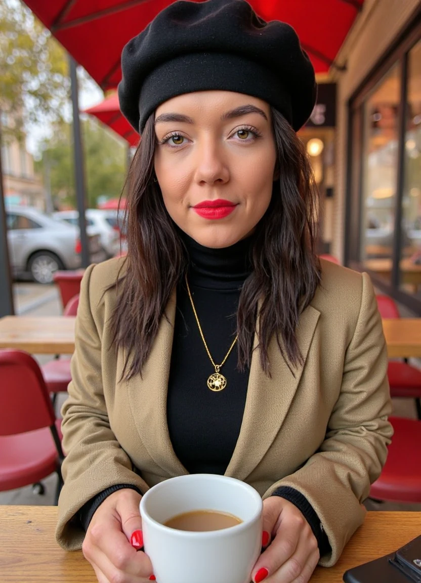 SFW, brightly lit, aidmaimageupgrader, A portrait of a woman seated at a table in an outdoor cafe. She wears a blazer and a black turtleneck sweater, accessorized with a black beret and a gold necklace with a pendant. She holds a white mug in her hands. Her nails are painted a vibrant red. The background is blurred, highlighting the woman as the main subject. The warm color palette is dominated by reds, blacks, and golds, creating a cozy and inviting atmosphere., looking at viewer, eyelashes, fine hair detail, entire hairstyle visible, perfect eyes with iris pattern, sensual lips, nose, (perfectly sharp:1.3), realistic textures, (deep focus:1.5), 8k uhd, dslr, ultra high quality image, film grain, Fujifilm XT3<lora:pony\Letha_Weapons_Pony_-_Adult_Actress_and_Model.safetensors:1.0:1.0> <lora:flux\custom\personal\jerz-jess.safetensors:1.05:1.05> <lora:turbo-8-step-flux.safetensors:0.5:0.5> <lora:flux\style\Common\aidmaImageUprader-FLUX-v0.3.safetensors:0.5:0.5>