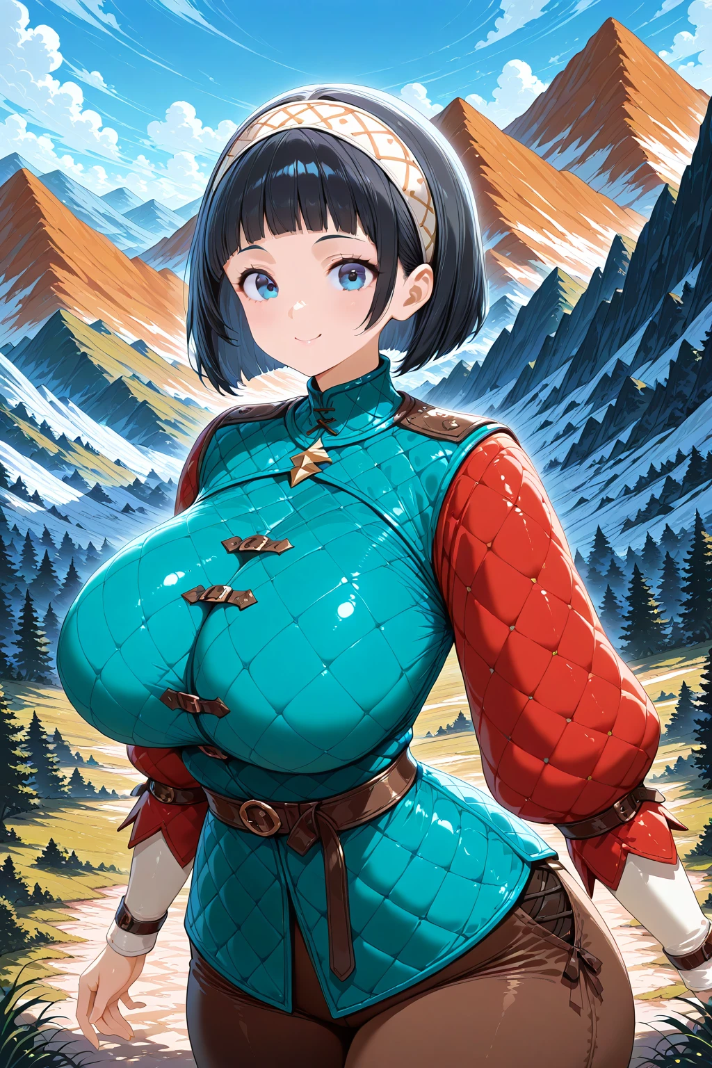 1girl, solo, gambeson shirt, <lora:Gambeson Shirt Illustrious:0.6>, huge breasts, smile, bob cut, blunt bangs, black hair, blue eyes, outdoors, mountain, nature, hairband, long sleeves, red sleeves, brown pants, blue gambeson, looking at viewer,