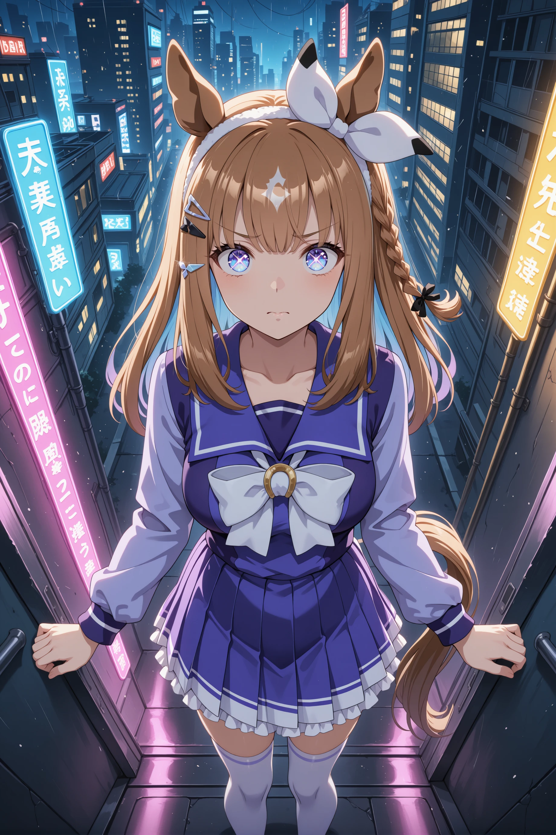 1girl, almond eye (umamusume), horse girl, animal ears, horse ears, medium breasts,solo,
blue eyes, x-shaped pupils, sparkling eyes,
brown hair, blue hair, long hair, side braid, hairclip, diamond hair ornament, colored inner hair,
headband, hairband,
<lora:almondeye_Illust_v2:0.8>
tracen school uniform, long sleeves, blue skirt,
from above, wide shot, looking at viewer, disgust, rainy night in a cyberpunk city with glowing neon lights, closed mouth,
(masterpiece, best quality, newest, highres), (anime coloring:1.4), (anime screenshot:1.1),
