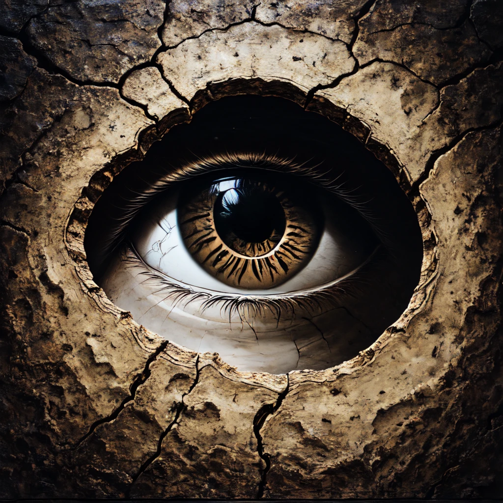 <lora:Dreamlike_surrealist_paintingSD1:1> ArsMJStyle, Dreamlike surrealist painting, The image is a close-up of a human eye peeking through a crack in the ground. The eye is the focal point of the image with the iris and pupil clearly visible. The iris is a deep brown color and the pupil is a lighter shade of brown. The crack is jagged and uneven with deep grooves and crevices. The background is a dark textured surface with cracks and cracks running through it. The overall effect is one of depth and dimension., no humans, eye focus, one-eyed, solo, crack, looking at viewer, 1other