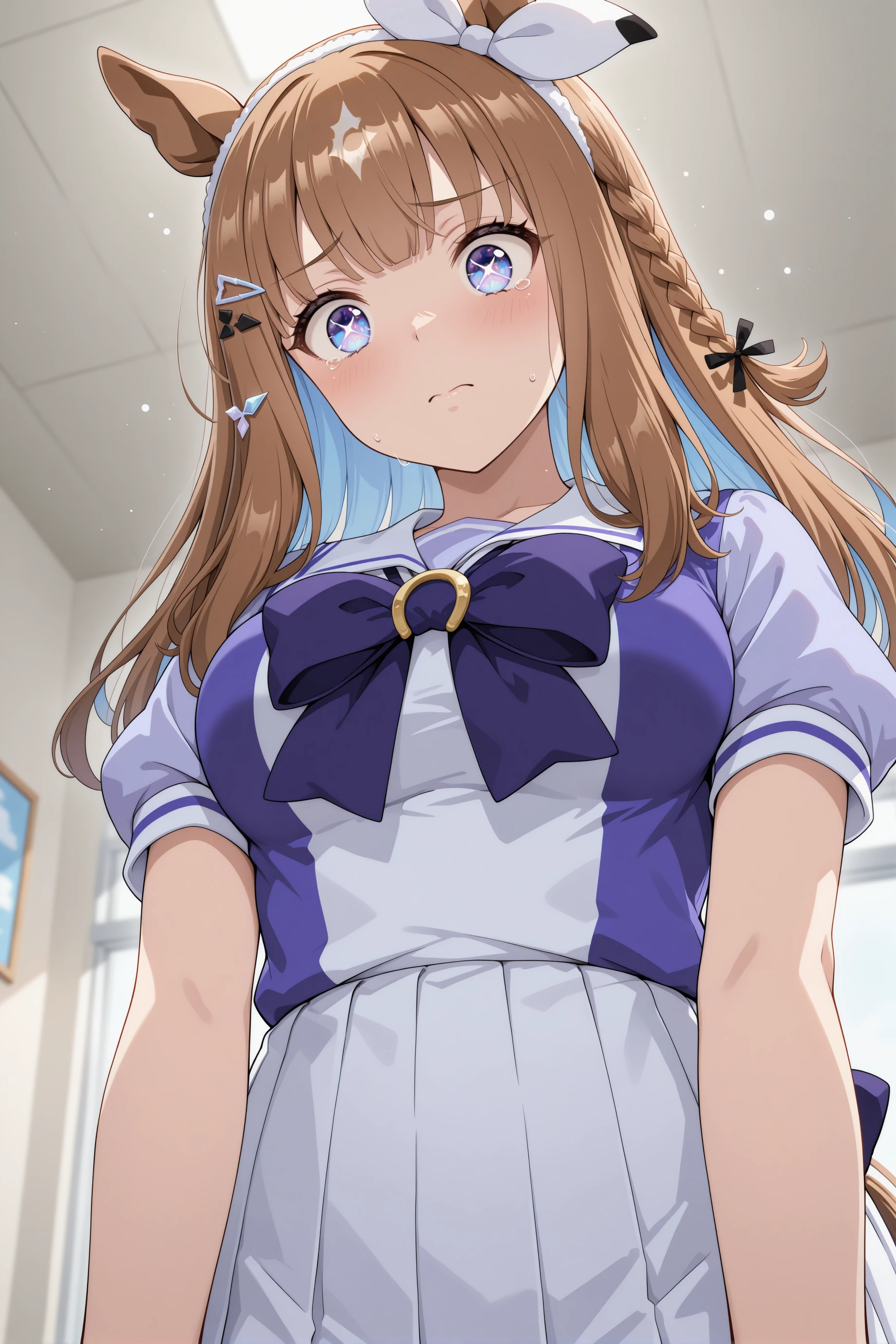 1girl, almond eye (umamusume), horse girl, animal ears, horse ears, medium breasts,solo,
blue eyes, x-shaped pupils, sparkling eyes,
brown hair, blue hair, long hair, side braid, hairclip, diamond hair ornament, colored inner hair,
headband, hairband,
<lora:almondeye_Illust_v2:0.8>
tracen school uniform, short sleeves, white skirt,
from below, upper body, looking down, tears, workplace dark, closed mouth,
(masterpiece, best quality, newest, highres), (anime coloring:1.4), (anime screenshot:1.1),