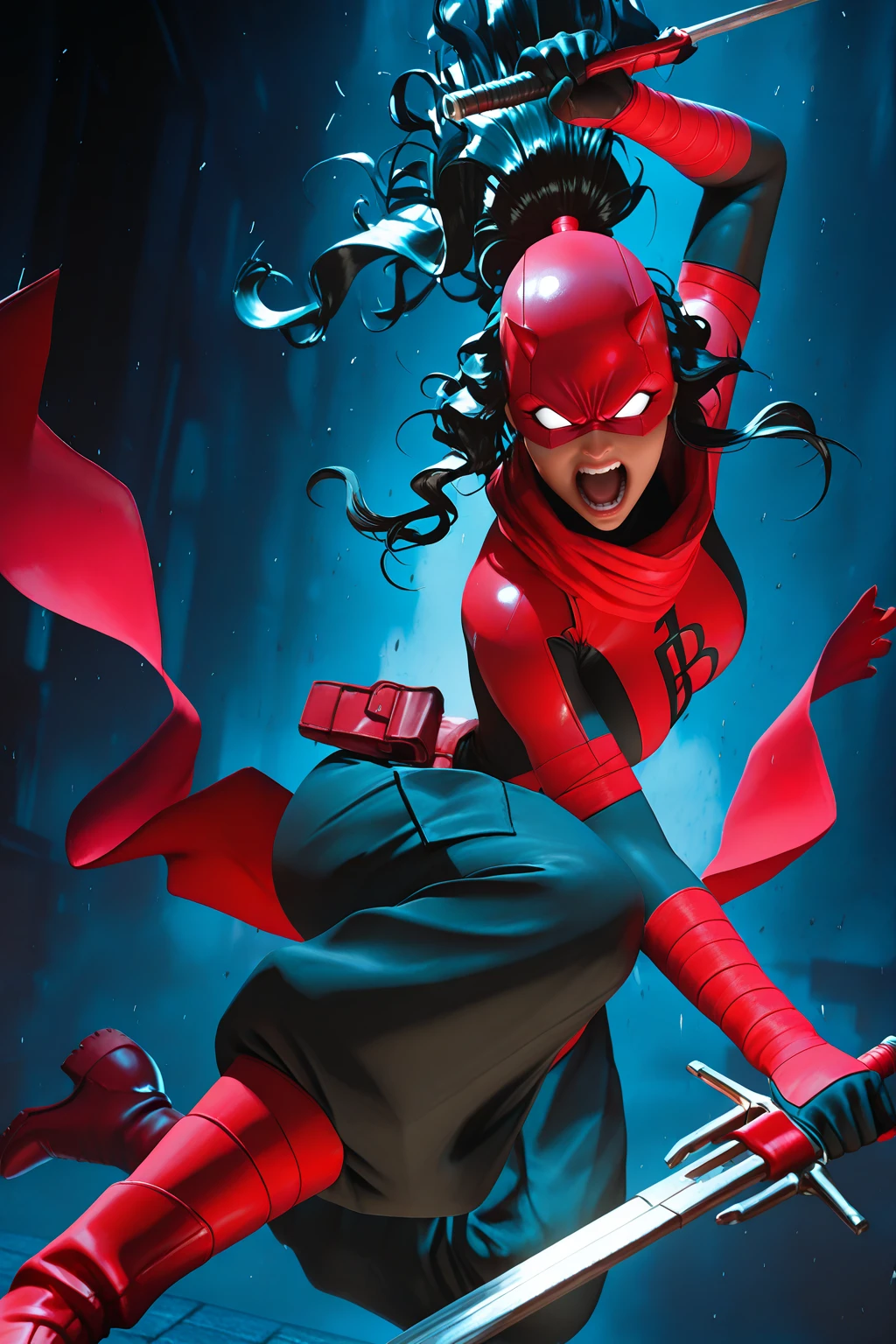 masterpiece, good quality, best quality, very awa, very as2, absurdres, highres, 3d,
<lora:Female DaredevililluLoRA:1>femdare, dark-skinned female, black hair, wavy hair, very long hair, high ponytail, blank eyes, white eyes, helmet, horns, mask, red scarf, angry, open mouth, print bodysuit, black lettering "DD" on chest, bandages, gloves, utility belt, belt pouch, pelvic curtain, baggy pants, boots, holding sword, fighting stance, dynamic pose, motion lines, dark background, glowing eyes, pov stabbing, eye mask