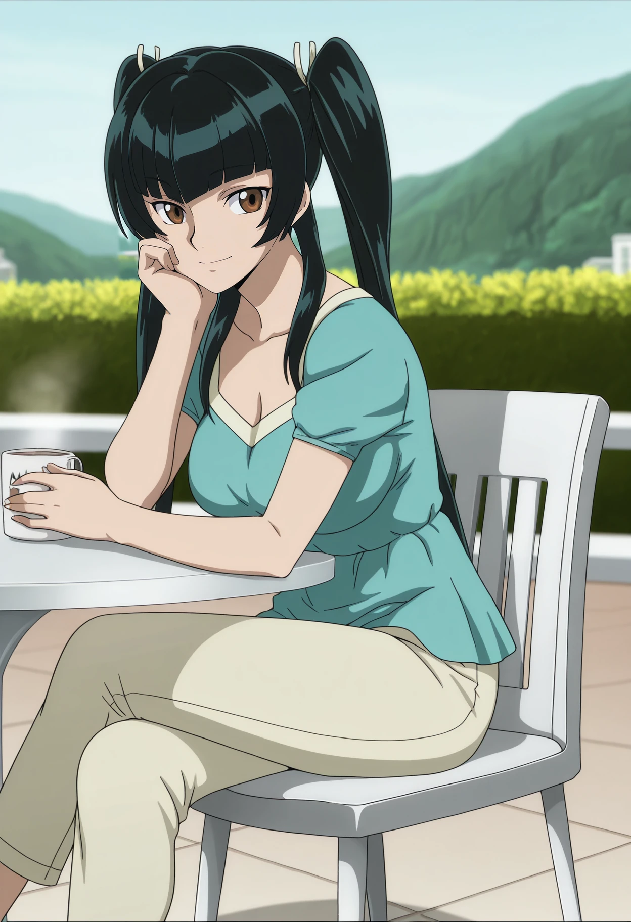 1girl,solo,mm,mature female,black hair,long hair,brown eyes,large breasts,anime coloring,
,bangs,twintails,dress,pants,sitting,on chair,terrace, outdoors,crossed legs, looking at viewer, smile,table,coffee mug, head rest,
,masterpiece,best quality,amazing quality,<lora:Wang_Liu_Mei-Gundam_00_Season1_r2:0.8>