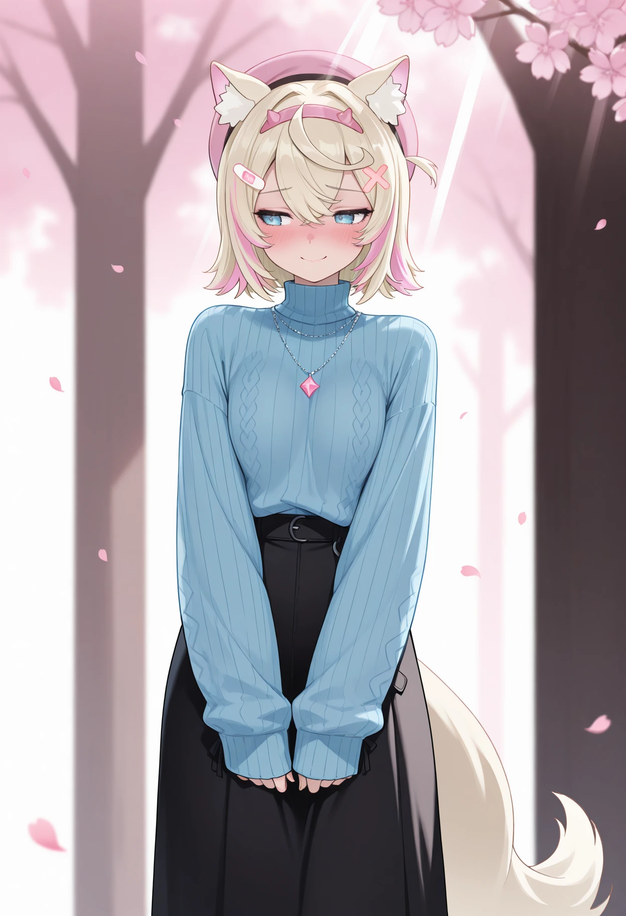 masterpiece, best quality, 1girl, solo, MoccAg, blue eyes, short hair, blonde hair, pink streaks, streaked hair, dog ears, hairband, hairclip, tail, pink beret, blue sweater, turtleneck, ribbed sweater, sleeves past wrists, necklace, black skirt, long skirt, averting eyes, shy, blush, cherry blossoms, pink petals, falling petals, backlighting, smile, light rays, <lora:ChamMococoAbyssgardIllustriousXL:1>
