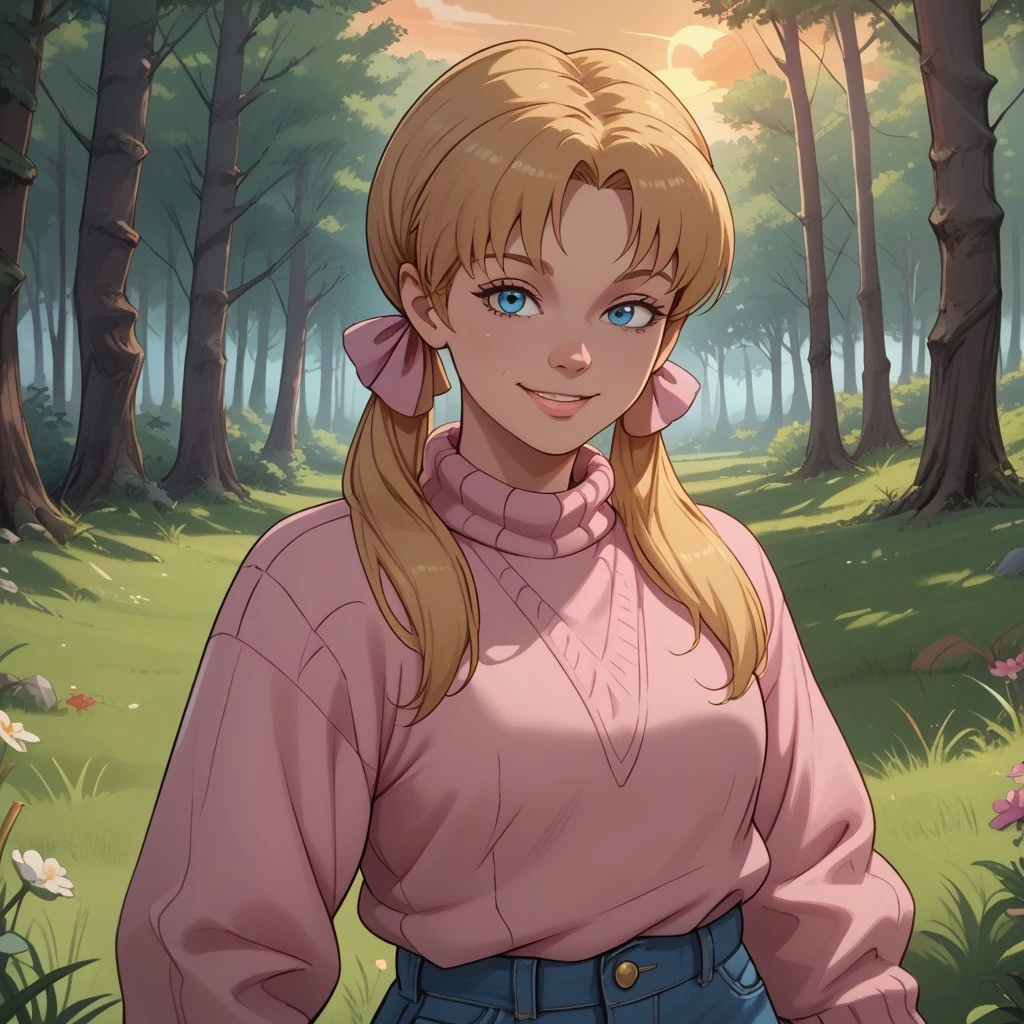 score_9, score_8, BREAK, solo, Kim Cherrywood, 1girl, blue eyes, blonde pigtails, pink sweater, pink bows, jeans, sexy pose, self portrait, smile, outdoors, sunlight, shadows, evening lighting, natural lighting, forest, trees, grass, orange sky, sunset