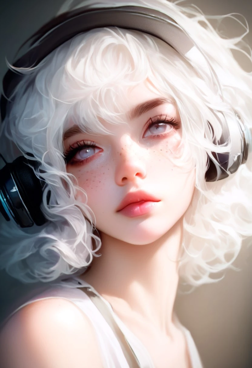 score_9_up, score_8_up, score_7_up, score_6_up, 1girl, 18 years old, 1girl, solo, headphones on head, looking up, platinum short wavy hair, freckles, white eyes, looking at viewer, lips, portrait