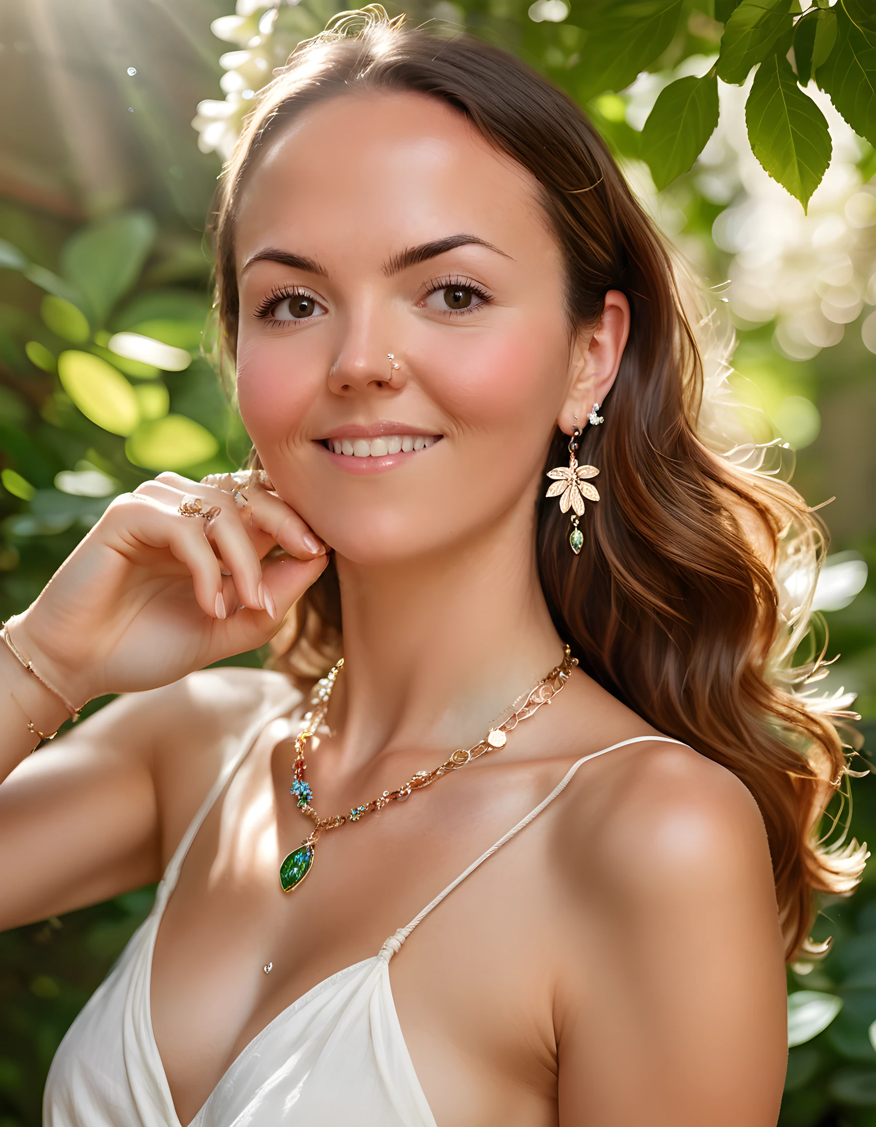 (best quality,highres,masterpiece:1.2),ultra-detailed,photorealistic:1.37,portrait,(masterpiece, photorealistic:1.4, extremely intricate:1.3, radiosity, photon mapping, dtx, 8K), ((((closeup necklace, white boho blouse, humid, [medium breasts:large breasts:0.8])), natural, (masterpiece, photorealistic:1.4, extremely intricate:1.3, radiosity, photon mapping, dtx, 8K), a beautiful, youthful, exotic, fit, voluptuious, 40-year-old, bohemian woman of mixed Mexican and Caucasian descent, with long, blonde hair, and almond-shaped, green eyes. She is wearing a boho blouse and tight, faded, ultra- low-rise blue jeans, hyper-realistic.,detailed eyes,detailed lips,dirty blonde hair,vibrant colors,soft lighting,studio setting,feminine,pensive expression,graceful pose,delicate features,subtle makeup,shallow depth of field,subtle smile,rosy cheeks,airy feel,artistic composition, (((Ana de Armas))), (((Green eyes))), Cinematic, Hyper-detailed, insane details, Beautifully color graded, Cinematic Lightning, Insanely detailed and intricate, Hyper maximalist, Volumetric, Full color, HDR, shallow depth of field, high budget Hollywood film, cinemascope, moody, epic, gorgeous , (((smile face))), (((full body shot))), she is standing in a lush patio on a sunny morning, and looking directly at the camera.