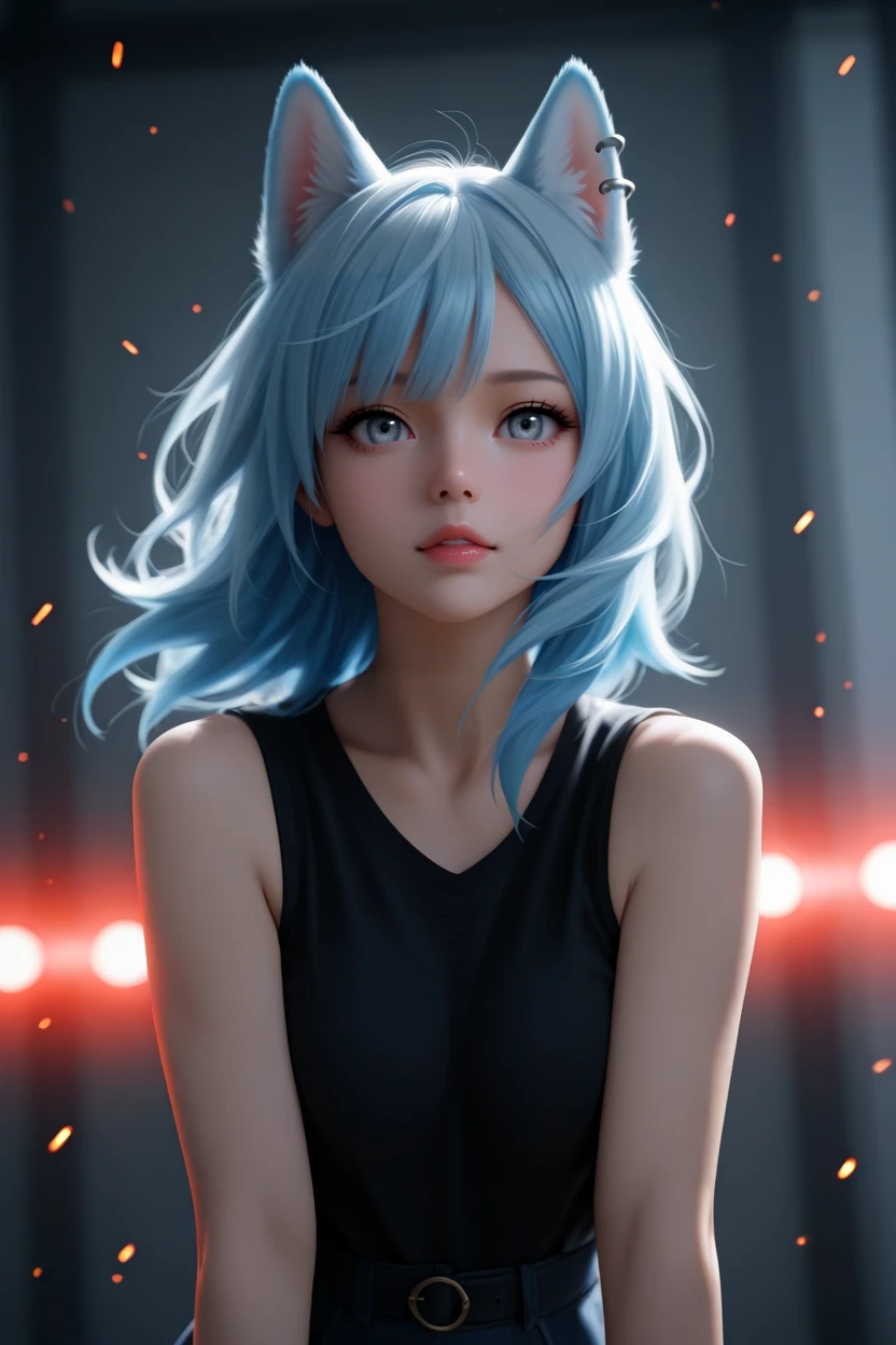 ultra-high resolution,32K UHD,photorealistic,hyper-detailed,sharp focus,best-quality,masterpiece,Emotionalization,unconventional supreme masterpiece,masterful details,temperate atmosphere,with a high-end texture,in the style of fashion photography,(Visual impact:1.2),giving the poster a dynamic and visually striking appearance,impactful picture,official art,colorful,movie perspective,amazing quality,very aesthetic,absurdres,newest,extreme aesthetic,good quality,A shot with tension., blue hair, piercing silver eyes, wolf girl soaring through the air, front claw massive and sharp, slashing through reality, background shattering like glass, floating embers, wild wind effects, cinematic lighting, dynamic foreshortening, from_above.