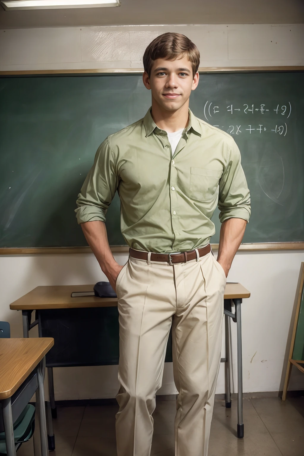 school classroom, green chalkboard, slightly smiling, RodBauer is schoolteacher, button up shirt, khaki slacks, loafers, holding piece of chalk, teacher's desk, (((full body portrait))), wide angle <lora:RodBauer-v4:0.8>
