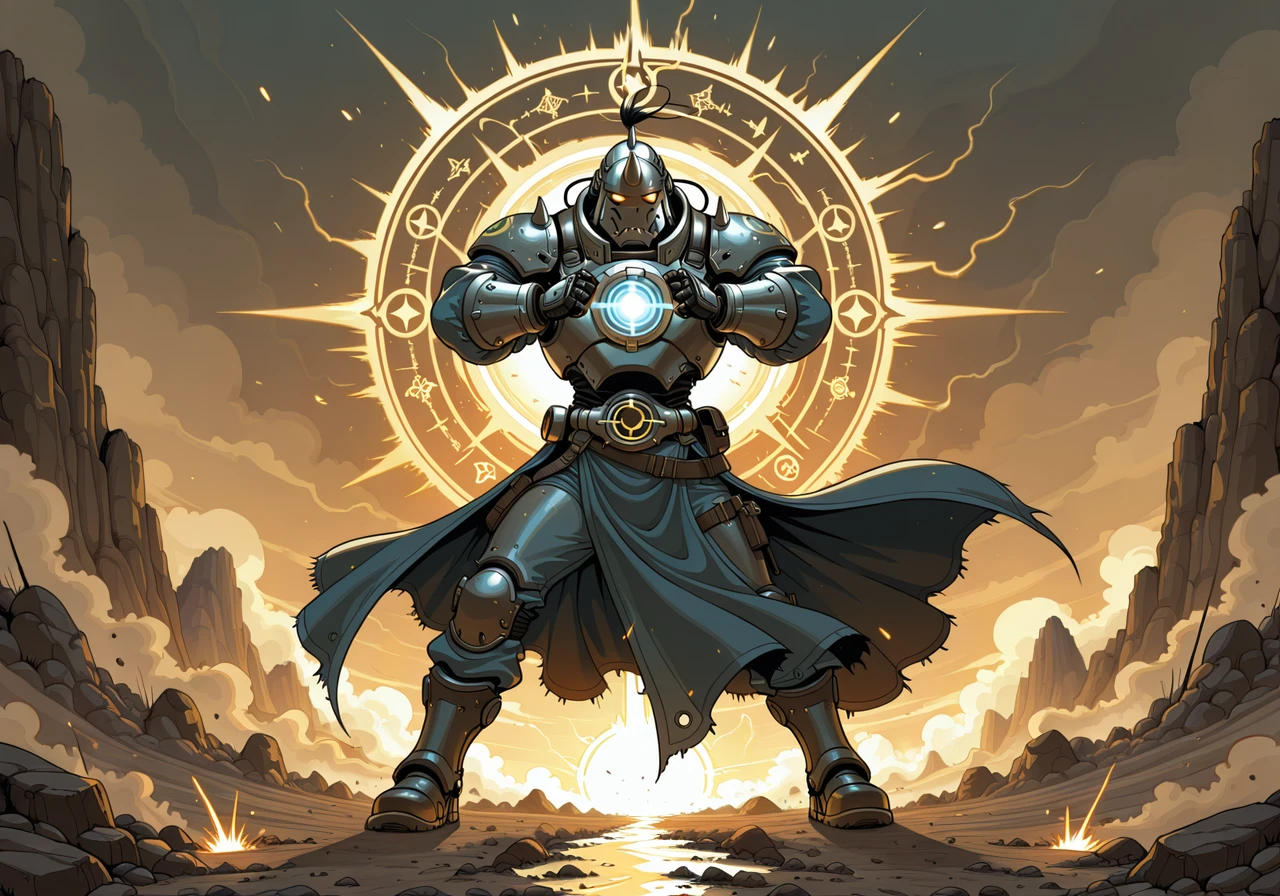 masterpiece, best quality, amazing quality, very aesthetic, absurdres, newest, s0larpunk, alphonse_elric_\(fullmetal_alchemist\), action_pose, performing_alchemy, transmutation_circle, glowing_symbols, energy_burst, sparks, mystical_aura, cinematic_lighting, dynamic_shot, dramatic_perspective, power_surge, glowing_runes, metal_armor_detail, wind_effects, dust_rising, intense_focus, arcane_energy, radiant_light, ancient_symbols, intricate_patterns , tracer_\(overwatch\)<lora:s0larpunk.safetensors:1.0:1.0>