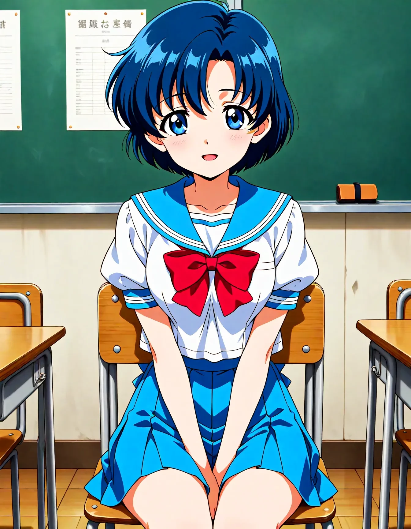 <lora:dmd2_sdxl_4step:1>,1girl,official style,masterpiece,best quality,newest,absurdres,highres,very awa,Anime,anime coloring,anime screencap,<lora:sailor_mercury_v3:1>,mizuno ami,1girl,solo,blue eyes,blue hair,short hair,medium breasts,skirt,blue skirt,blue sailor collar,school uniform,sailor collar,pleated skirt,blue back bow,serafuku,short sleeves,puffy sleeves,red bow,puffy short sleeves,smile,classroom,chair,school_desk,sitting,open mouth,