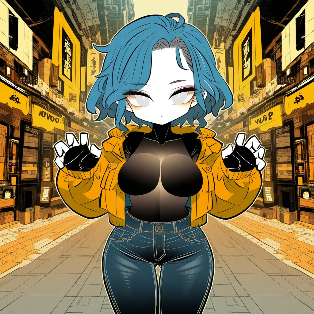 1girl, scenery, open jacket, body stocking, blue hair, white eyes, jeans, claw pose,
yt \(wai-tei\),
masterpiece, best quality