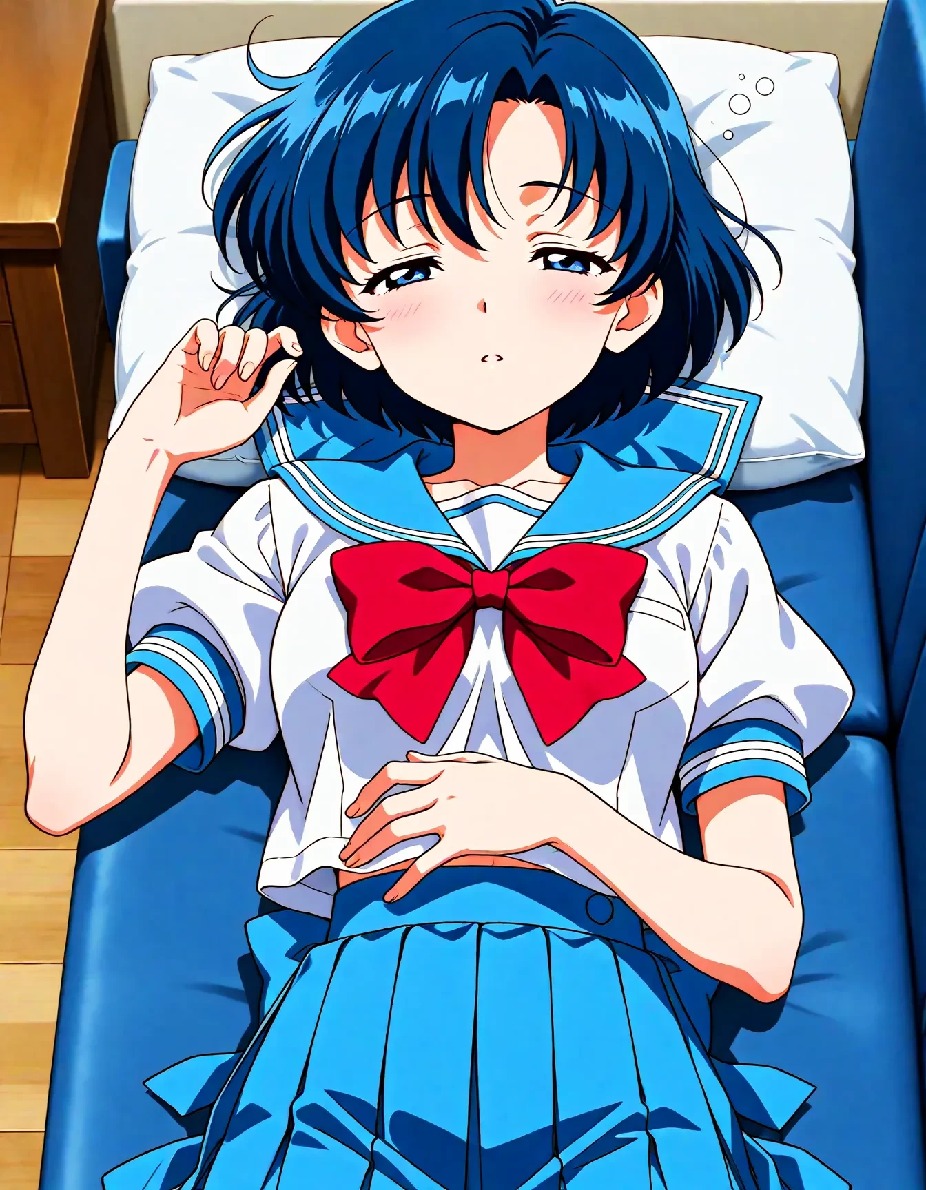 <lora:dmd2_sdxl_4step:1>,1girl,official style,masterpiece,best quality,newest,absurdres,highres,very awa,Anime,anime coloring,anime screencap,<lora:sailor_mercury_v3:1>,mizuno ami,1girl,solo,blue eyes,blue hair,short hair,medium breasts,skirt,blue skirt,blue sailor collar,school uniform,sailor collar,pleated skirt,blue back bow,serafuku,short sleeves,puffy sleeves,red bow,puffy short sleeves,sleepy,closed eyes,on back,bedroom,couch,