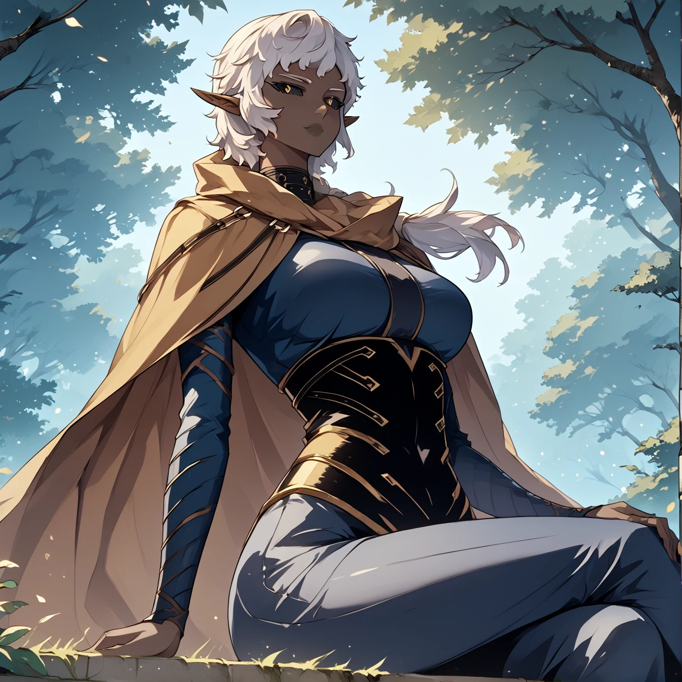 <lora:Camil-000004:1>
pointy ears, black sclera, dark skin, White hair,dark elf, elf, yellow eyes, <lora:Eyes_High_Definition:1>, brown cape, <lora:!action-sdxl-V0.5:1>
zPDXL3, score_9_up, score_8_up, score_7_up, (Anime_source),Masterpiece,(perfect female body:1.2), small waist, (incredibly detailed:1.4), 1 girl, slim, beautiful fingers, beautiful white skin, Beautiful clear skin, (medium breasts:1.4), ((looking at viewer)), big breasts, ass, perfect ass, sitting, from below, looking down,, forest background <lora:light:1>