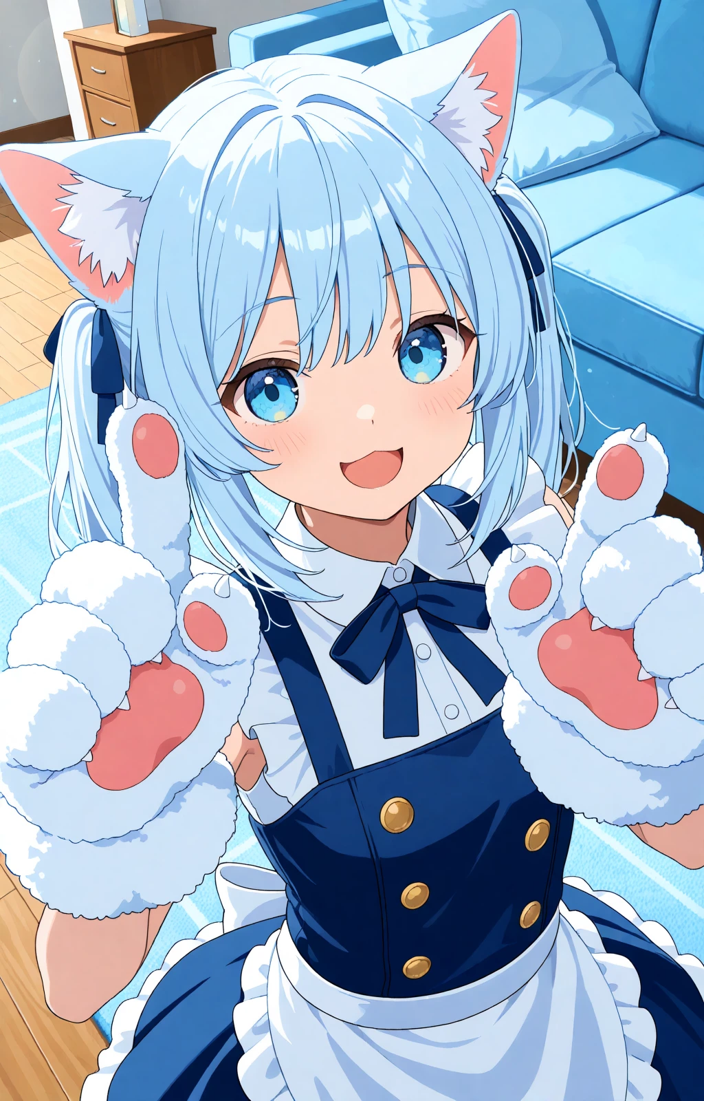 1girl,cat girl,cat ears,
general,masterpiece,best quality,amazing quality,very aesthetic,absurdres,newest,
kind smile,waist apron,fluffy,paw gloves,happy,pointing up,blue maid,light blue room,cute room,
from above,looking at viewer,upper body,living room,