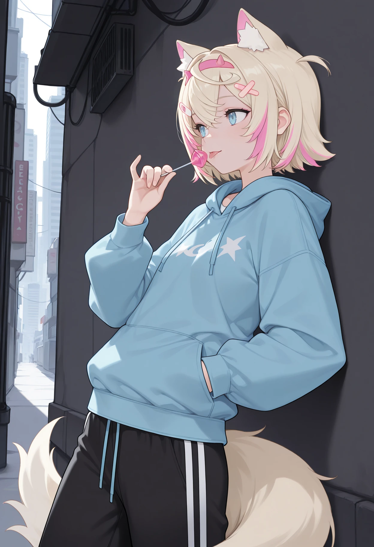 masterpiece, best quality, 1girl, solo, MoccAg, blue eyes, short hair, blonde hair, pink streaks, streaked hair, dog ears, hairband, hairclip, tail, blue hoodie, long sleeves, sweatpants, black pants, leaning against wall, leaning back, happy, holding lollipop, licking lollipop, tongue out, looking to the side, outdoors, city, alley, <lora:ChamMococoAbyssgardIllustriousXL:1>
