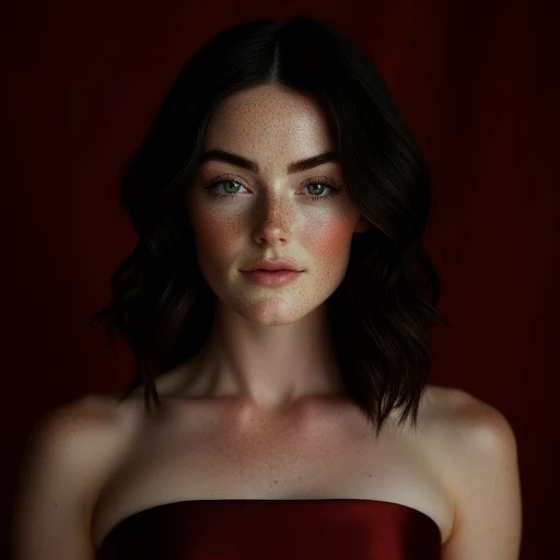 strapless, green eyes, portrait, strapless dress, grey background, jewelry, freckles, brown hair, black hair, red background, medium hair, blue eyes, realistic, audrie_midjourney_model, close-up, dark background, upper body, closed mouth