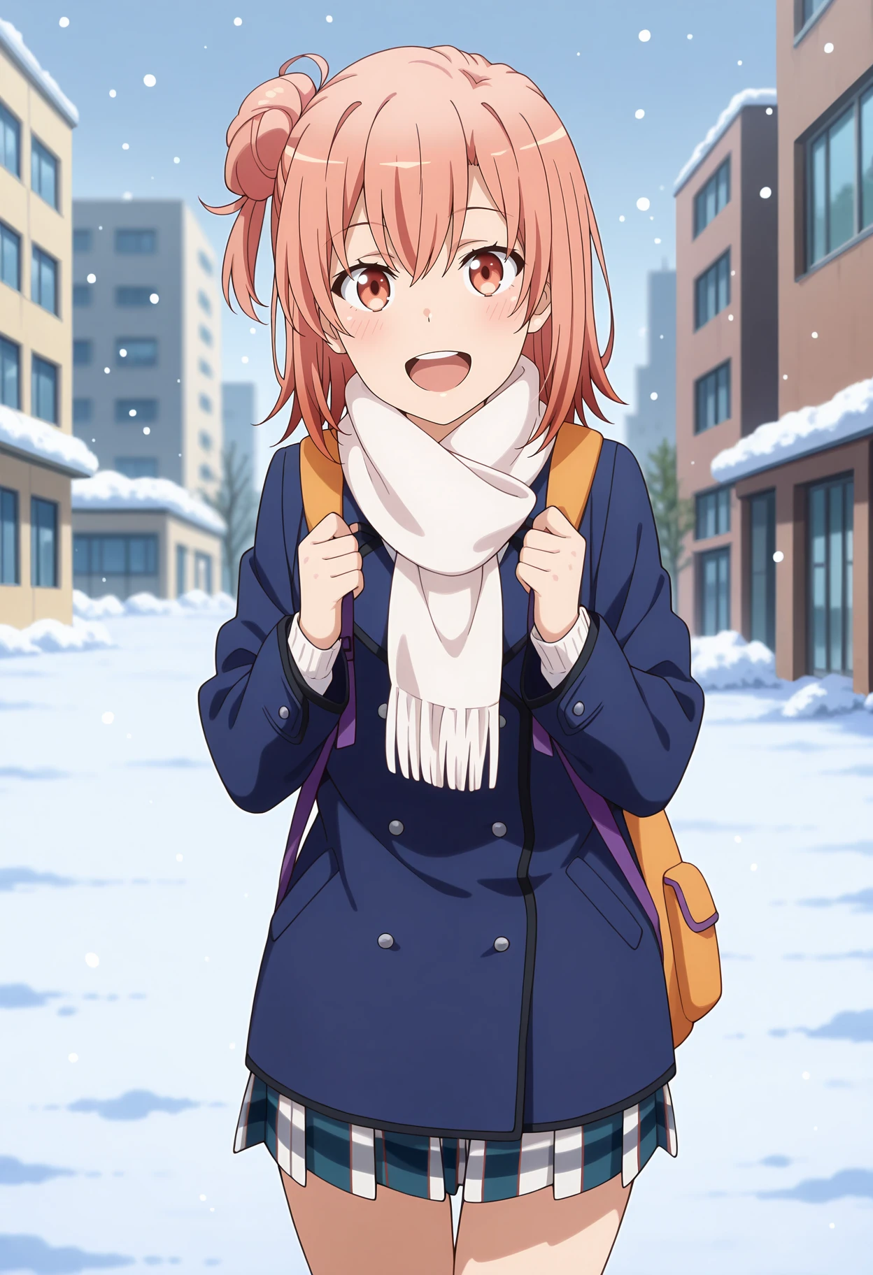 anime screencap, masterpiece, best quality,
<lora:YahariOreNoSeishunLoveComedy_YuigahamaYui_IlluXL:0.9>,
1girl, solo, open mouth, smile, blush, upper teeth only, happy,
medium hair, orange hair, single side bun, orange eyes, hair between eyes,
YuiWinter, white scarf, blue coat, backpack, long sleeves, plaid skirt, pleated skirt, multicolored skirt,
cowboy shot, standing, looking at viewer,
winter, snow, snowing, school, city, outdoors, blurry background