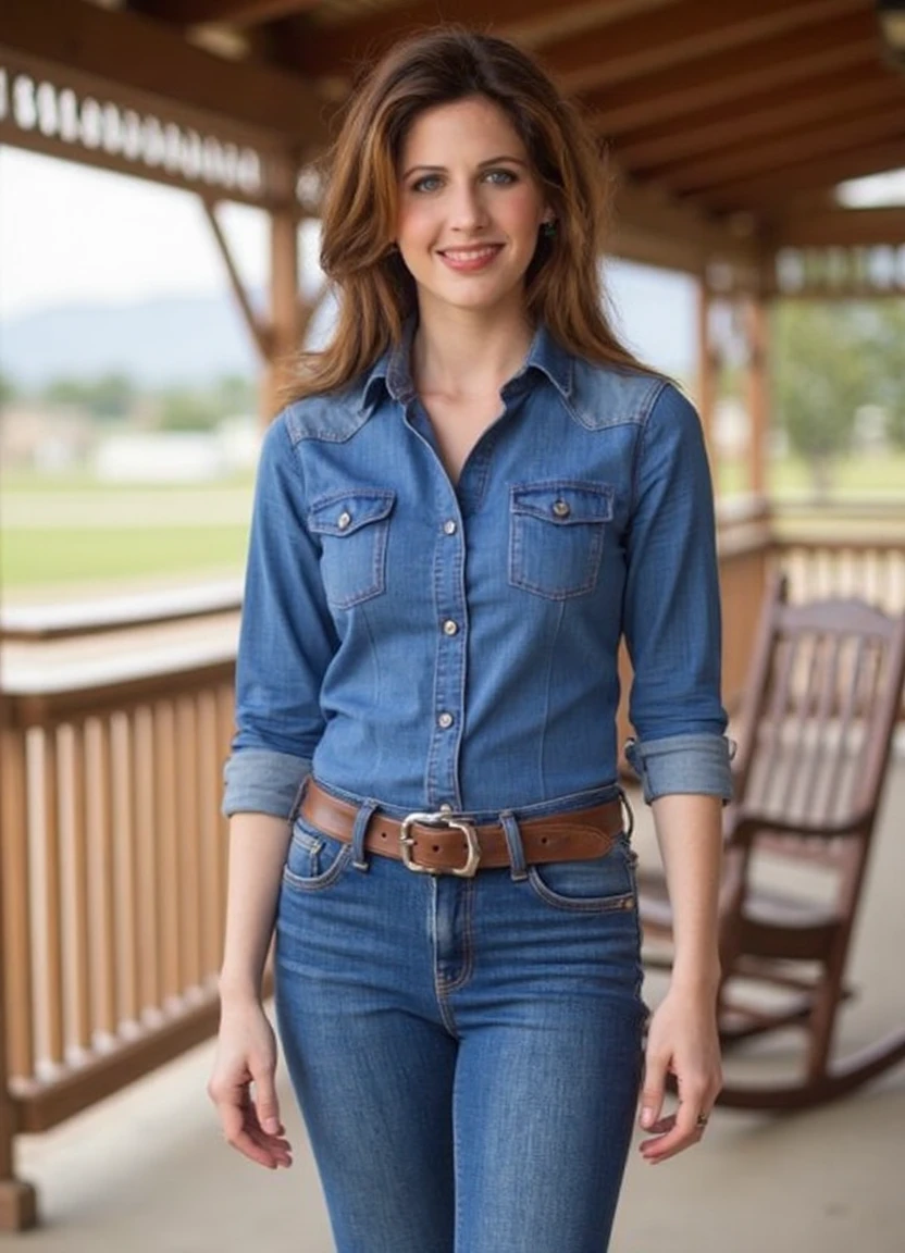 SFW, brightly lit, aidmaimageupgrader, A confident woman posing for a picture on the porch of a ranch, dressed in a stylish yet modest denim outfit. She wears a well-fitted denim button-up shirt with sleeves rolled to her elbows, paired with classic high-waisted denim jeans that complement her figure while maintaining a professional and polished look. A brown leather belt adds a touch of Western charm, and her outfit is completed with sturdy yet stylish cowboy boots. Her hair flows naturally in soft waves, or is neatly tied back in a low ponytail, giving her a relaxed yet put-together appearance. The setting captures the warmth of the ranch atmosphere, with wooden beams, a rustic rocking chair, and an open landscape in the background. She stands with confidence, gazing into the distance or offering a soft, approachable smile, embodying both strength and elegance in a timeless country-inspired style<lora:turbo-8-step-flux.safetensors:0.0:0.0> <lora:flux\custom\celebrity\tracy-nelson.safetensors:1.1:1.1> <lora:turbo-8-step-flux.safetensors:0.5:0.5> <lora:flux\style\Common\aidmaImageUprader-FLUX-v0.3.safetensors:0.25:0.25>