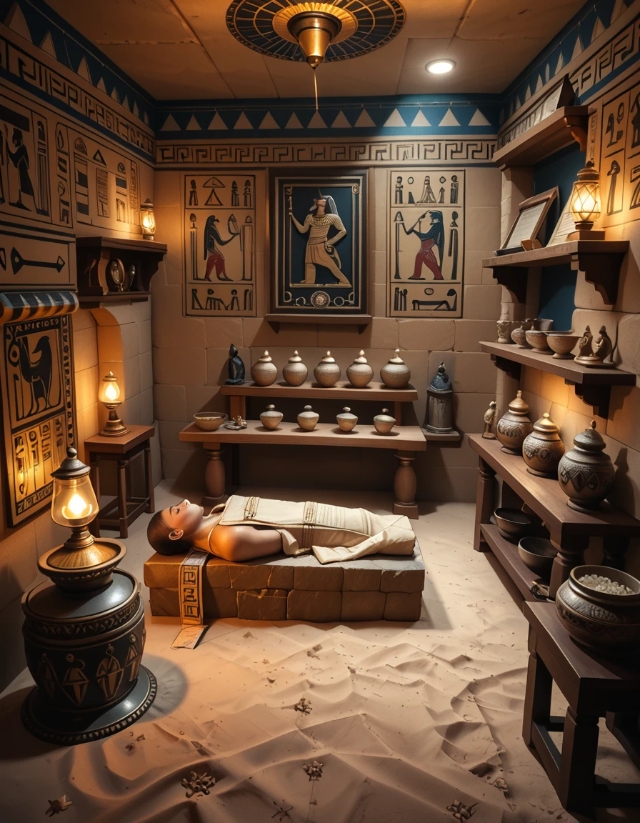 score_9, score_8_up, score_7_up,amazing quality, ultra realistic, 3D, HD, best quality, amazing quality, very aesthetic, absurdres
A highly detailed and realistic photograph of an ancient Egyptian embalming chamber, dimly lit by flickering oil lamps. The chamber is deep within a sandstone temple, with intricate hieroglyphs and sacred carvings covering the walls, depicting the journey to the afterlife. The air is thick with incense smoke, creating a mystical atmosphere.
At the center of the chamber, a partially mummified body rests on a ceremonial stone slab, surrounded by priests dressed in traditional linen robes and golden jewelry. One priest carefully applies resin while another holds a sacred Anubis-headed jar containing preserved organs. Canopic jars, filled with embalmed remains, are neatly arranged nearby, their lids intricately carved with the heads of Horusâ sons.
The dim golden light casts long shadows, emphasizing the eerie yet sacred ambiance. Wooden shelves line the walls, holding papyrus scrolls, ritualistic tools, and delicate amulets meant to protect the soul in the afterlife. Dried herbs, natron salt, and precious oils are scattered across the workspace, reflecting the meticulous nature of the mummification process.
The perspective draws the viewer into the scene, as if witnessing an ancient, secret ritual frozen in time. The texture of the stone walls, the soft folds of linen, and the shimmering glow of gold artifacts create a hyper-realistic and immersive photographic quality.
<lora:Egyptian_3mb4lm1ng_ch4mb3r-p:1>,Egyptian 3mb4lm1ng ch4mb3r