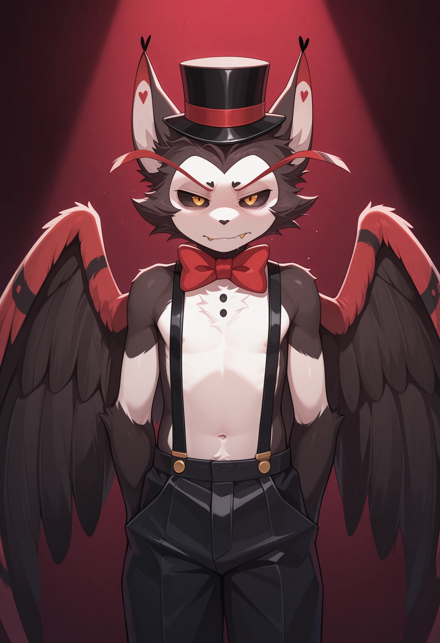 masterpiece, best quality, amazing quality, solo, 1boy, HuskHH,  wings, hat, suspenders, pants, bowtie