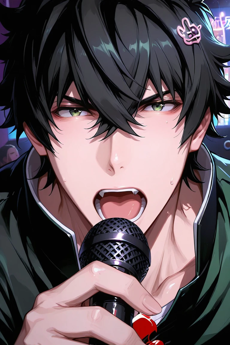 expressive cute face, iwatani naofumi-1male focus, black_iwatani naofumi_hair, green_iwatani naofumi_eyes. looking at viewer, open mouth, shiny skin, holding microphone, singing, school uniform cosplay, gakuran, indoors, karaoke, close-up, shadow, dynamic angle, dynamic action, atmospheric perspective, depth of field, masterpiece, best quality, amazing quality, very aesthetic, absurdres, newest, very awa