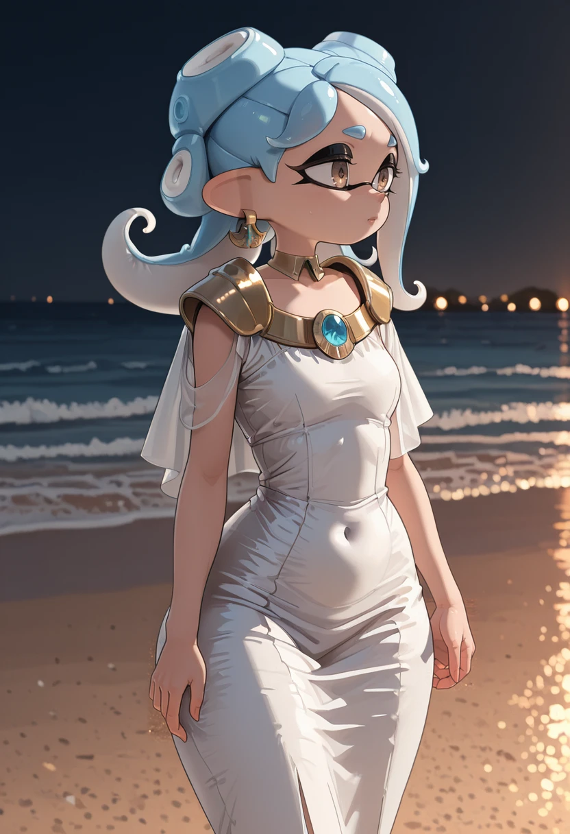 <lora:aisling duval illustrious v1.0:0.7> 1girl, woman, aisling duval, long light blue hair, brown eyes, brooch, jewelry, white dress, gold ornement on dress, prysmatic dress, prysmatic, short arms sleeves, decoration on shoulders, <lora:YutaAGC_Style_Lora_Illustrious:1> by yutaagc, splatoon, inkling, humanoid, cephalopod humanoid, marine humanoid, mollusk humanoid, mollusk, marine, octarian, octoling,, score_9, score_8_up, score_7_up, score_6_up, masterpiece, best quality, amazing quality, very aesthetic, absurdres, newest,, 1girl, solo, solo focus, female focus, one character in picture, solo in picture, paradise packground, holiday theme, beach, ocean, warm lights, ambient light
