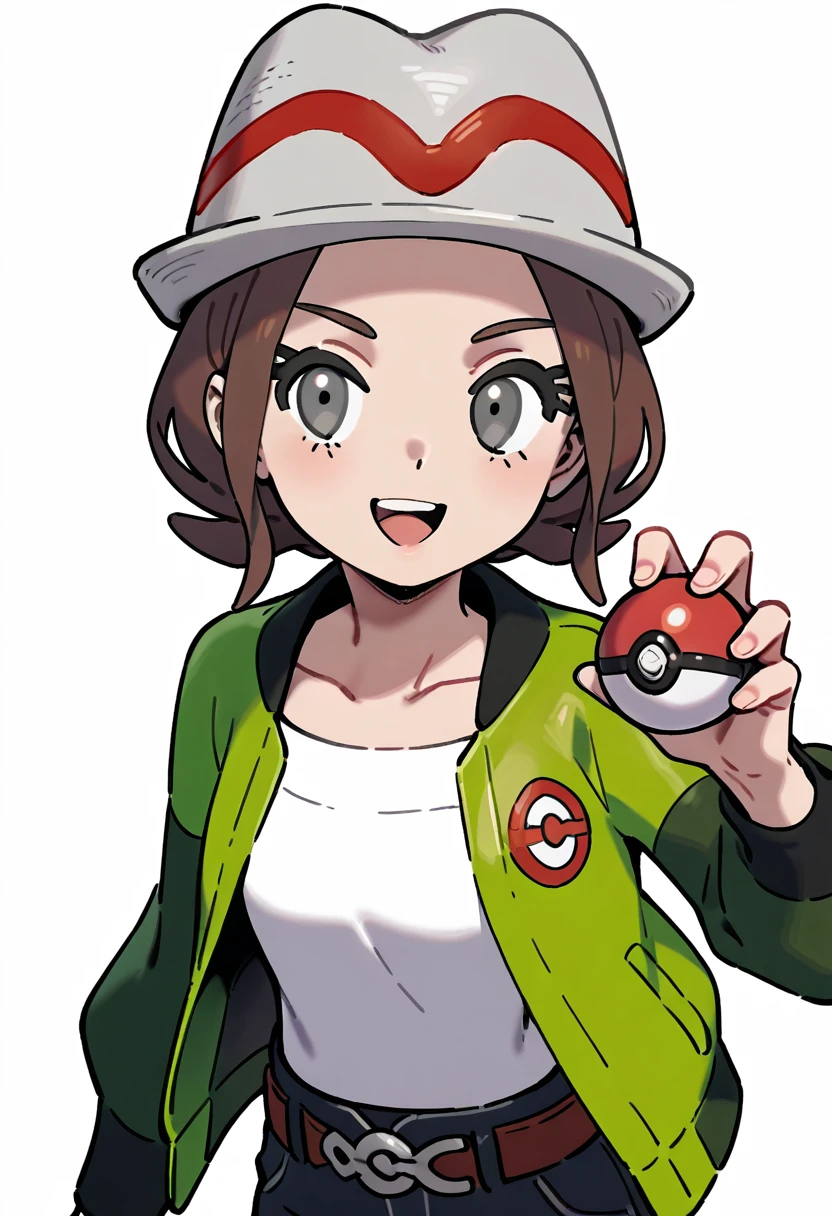 masterpiece, best quality, 1girl, solo, eyelashes, (beautiful eyes), zzMC, looking at viewer, smile, open mouth, simple background, shirt, long sleeves, hat, white background, holding, collarbone, jacket, white shirt, :d, open clothes, teeth, tongue, belt, pants, open jacket, grey eyes, eyelashes, white headwear, upper teeth only, buckle, poke ball, belt buckle, green jacket, poke ball (basic), holding poke ball, , <lora:ProtagonistFPokemonZA_IXL_v1:1.0>,