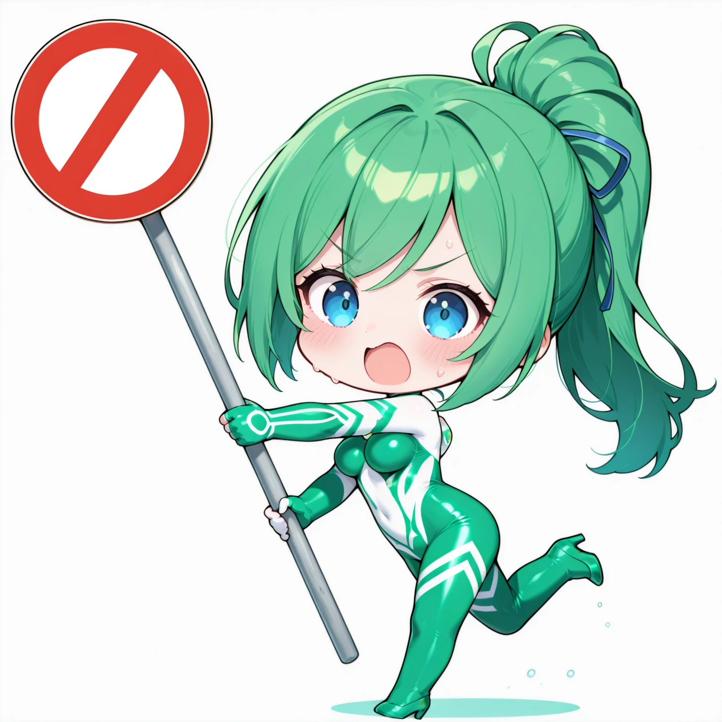 <lora:ultragirl_jue_ill_v1.0:1>,jue,green hair,ponytail,long hair,blue eyes,bodysuit,green chest jewel,white chest jewel,multicolored bodysuit,green body markings,impossible bodysuit,green high heels,
1girl,solo,
chibi,road sign,holding sign,full body,<lora:holding sign_nb11-xl-000005:1>,open mouth,blush,v-shaped eyebrows,
BREAK, textless version,