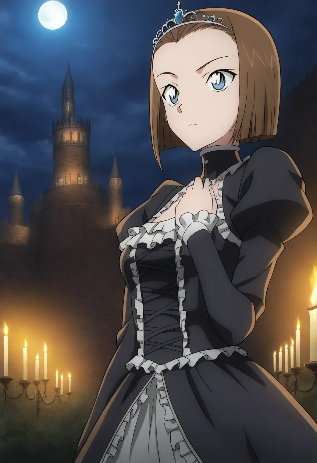<lora:Sonoko Suzuki - [Detective Conan] - illustriousXL v1:1>, sysdeep_sonoko, 1girl, solo, short hair, blue eyes, brown hair, bob cut, forehead, anime coloring,, 1girl, solo, dark princess, gothic dress, black tiara, candlelit castle, mysterious expression, moonlight