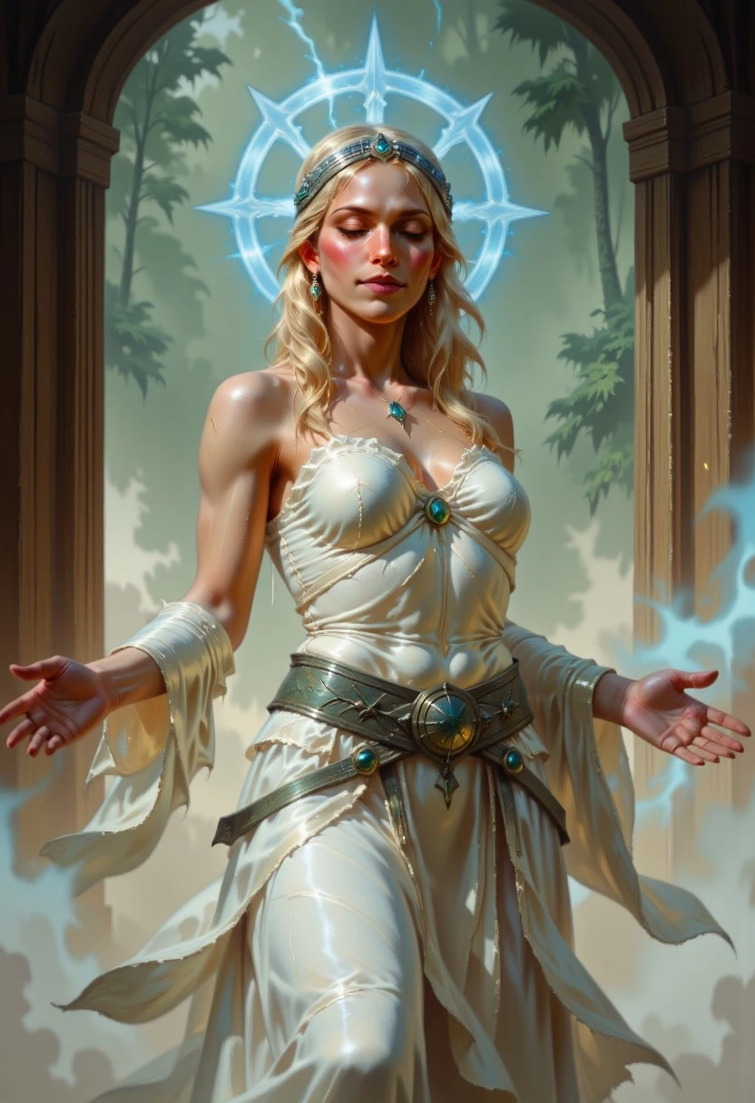 DFOP-V2.5 style oil painting that features a woman, an embodiment of grace and divinity, holds a long, gleaming sword horizontally across her open hands, its blade radiating with an inner silver glow that contrasts with the warm tones of her golden skin. She wears a delicate, flowing white gown that appears almost translucent, cascading around her like a wisp of mist, with edges blending into the faint fog surrounding her form. The fabric shimmers faintly, catching glimmers of gold and soft blues from the ambient lighting, adding depth to the folds and texture of her attire. Her face is calm, illuminated by a celestial light emanating from above, highlighting her closed eyes and giving her an expression of peace and solemnity. Her golden-blonde hair flows over her shoulders, woven with a faint, pearlescent sheen, and crowned by an intricate, filigreed circlet of silver that sparkles subtly, catching the dim forest light. The circlet is adorned with tiny jewels of emerald and sapphire, enhancing the regal yet mystical aura surrounding her.