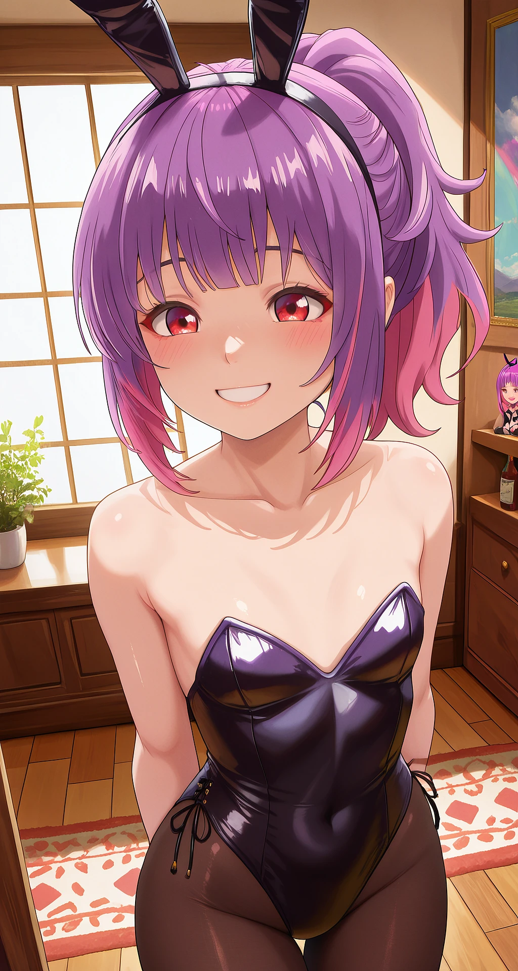 kurage_aoba, ponytail, haribangs, two-tone hair, purple hair, pink hair, red eyes, small breast,
leotard, black leotard, playboy bunny, bunny ears hairband, pantyhose,
indoors, room, smiling,
masterpiece, best quality, amazing quality, very aesthetic, absurdres, newest, colorful, realistic